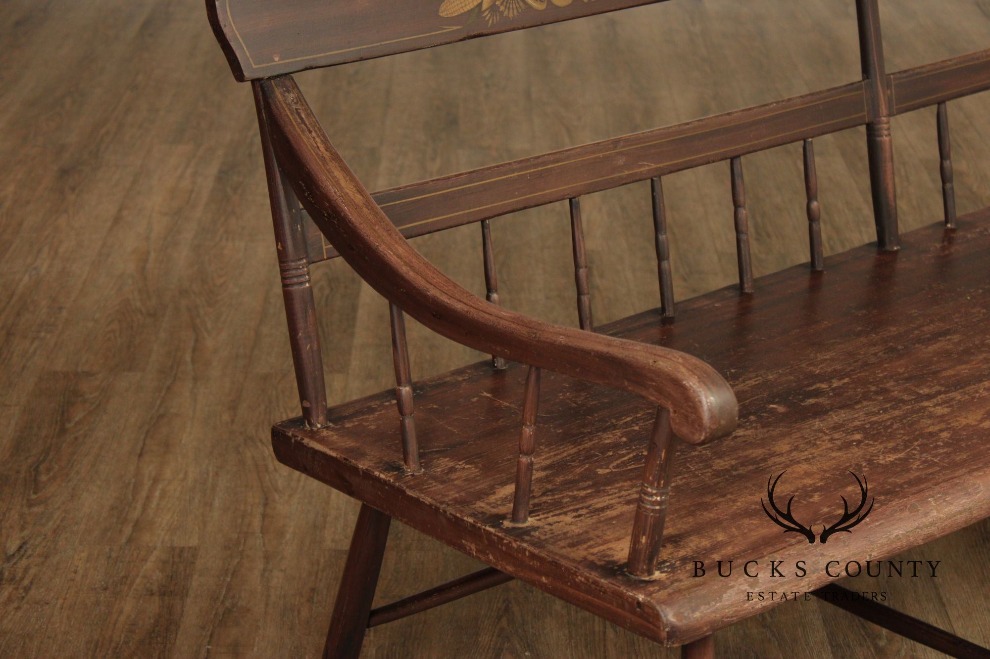 Antique Paint Decorated Long Deacon Hall Bench