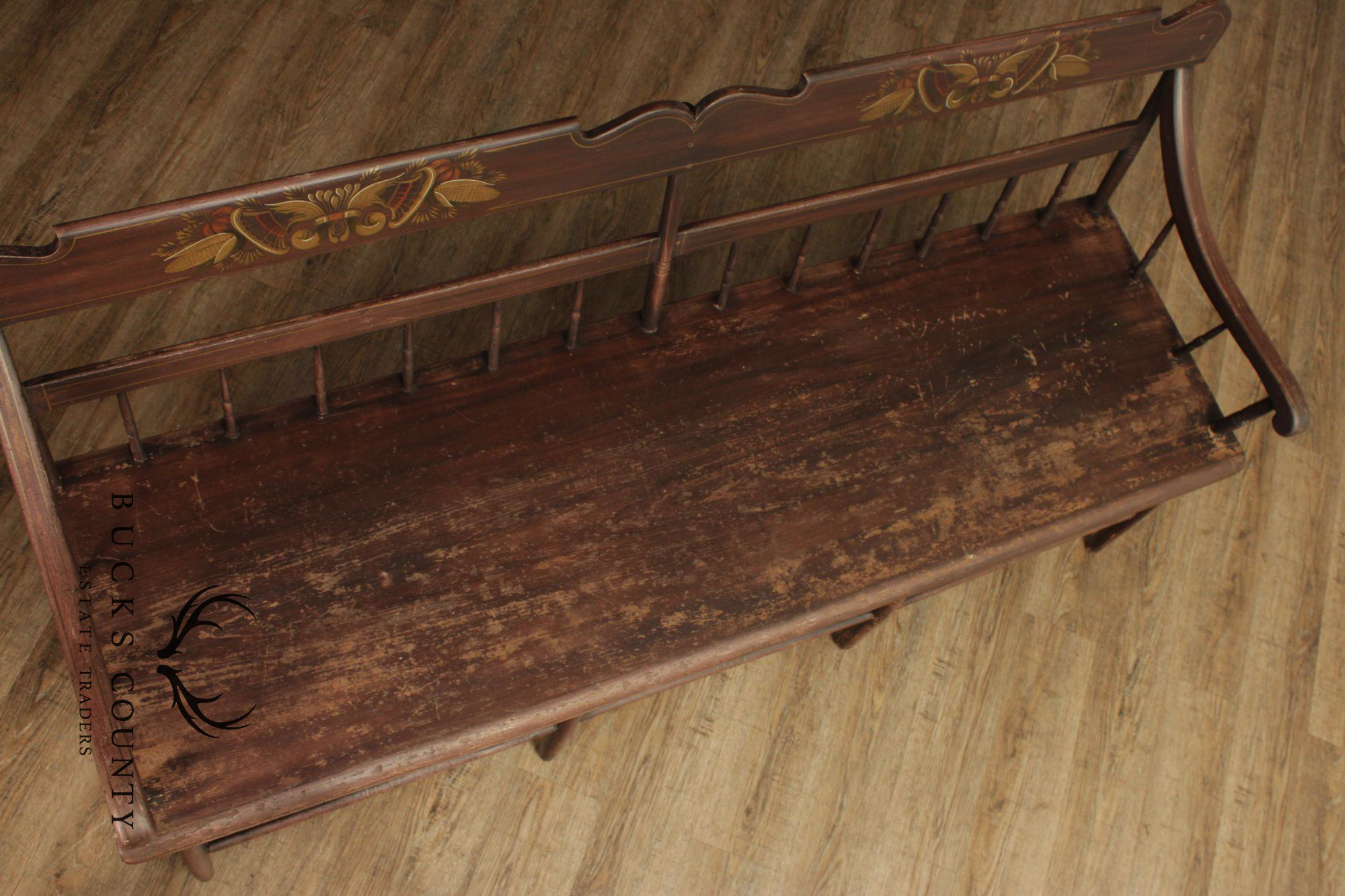 Antique Paint Decorated Long Deacon Hall Bench