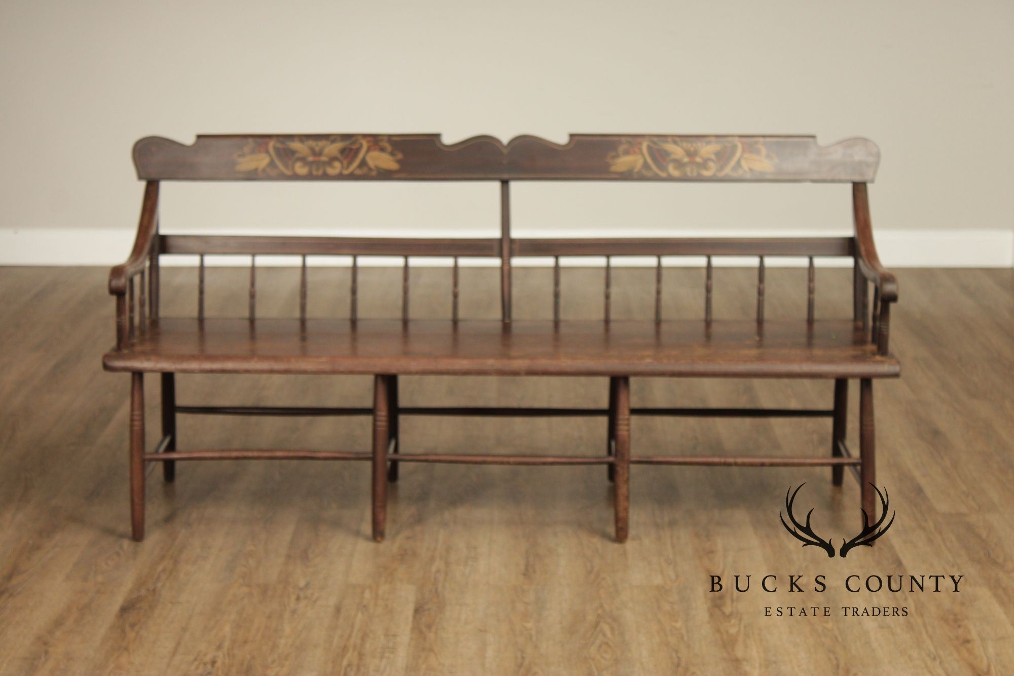 Antique Paint Decorated Long Deacon Hall Bench