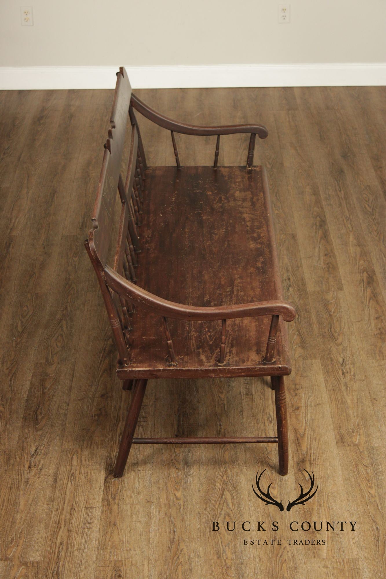 Antique Paint Decorated Long Deacon Hall Bench
