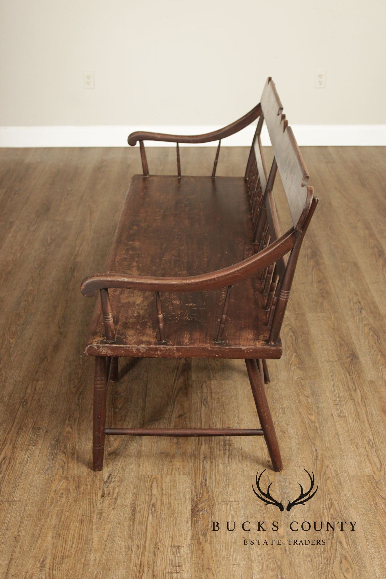 Antique Paint Decorated Long Deacon Hall Bench