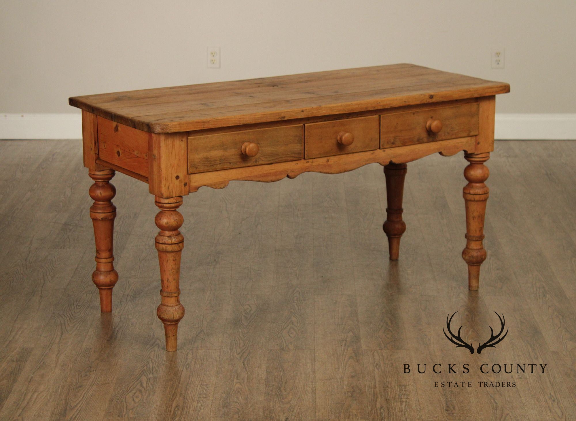 Antique Rustic Pine Farmhouse Table With Turned Legs