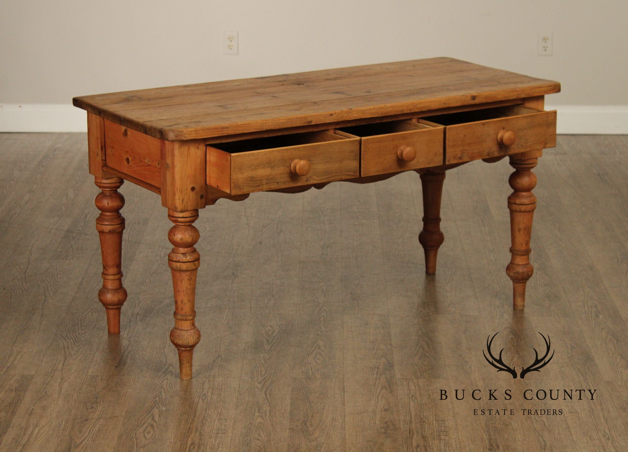 Antique Rustic Pine Farmhouse Table With Turned Legs
