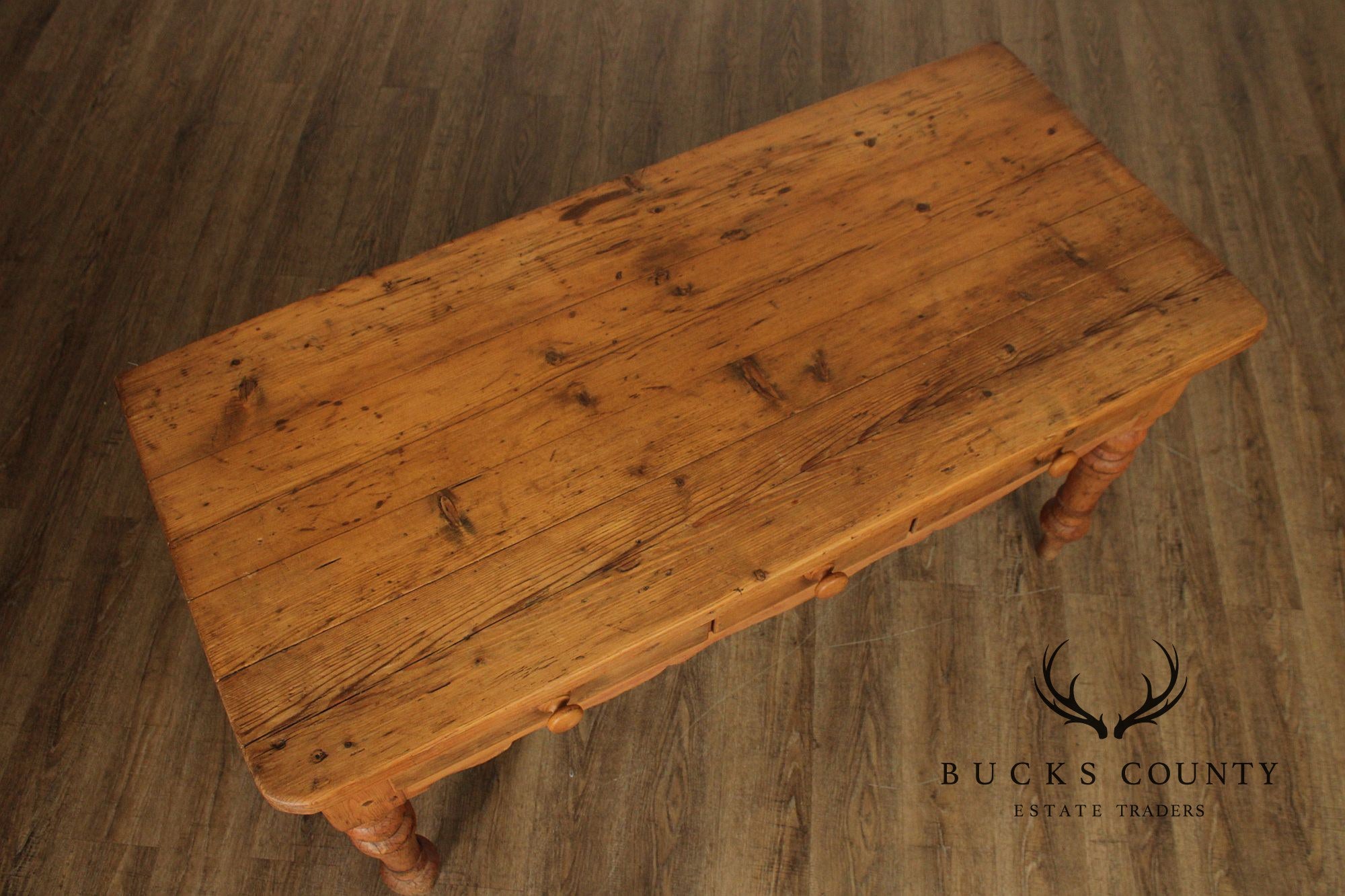Antique Rustic Pine Farmhouse Table With Turned Legs