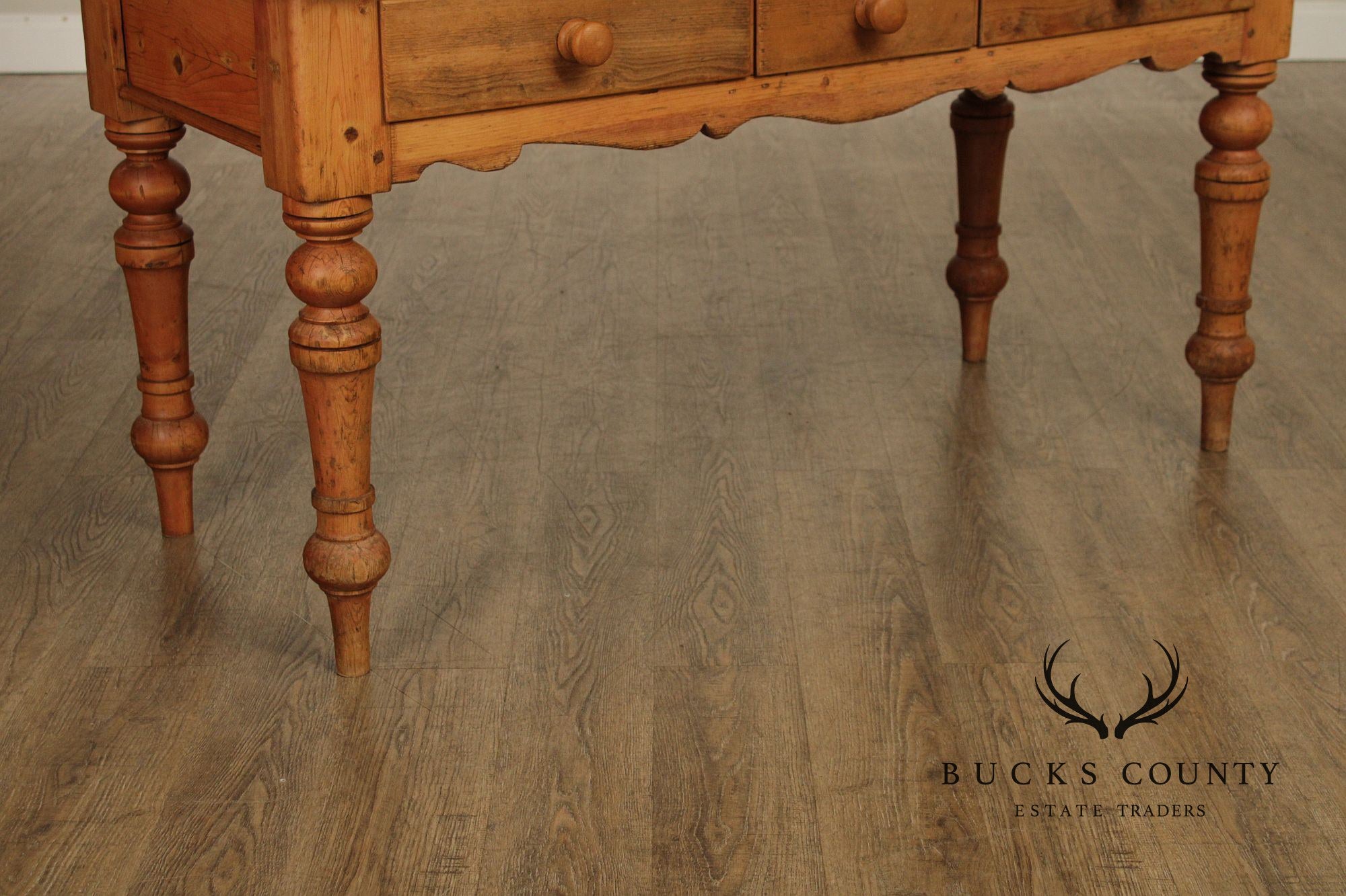 Antique Rustic Pine Farmhouse Table With Turned Legs