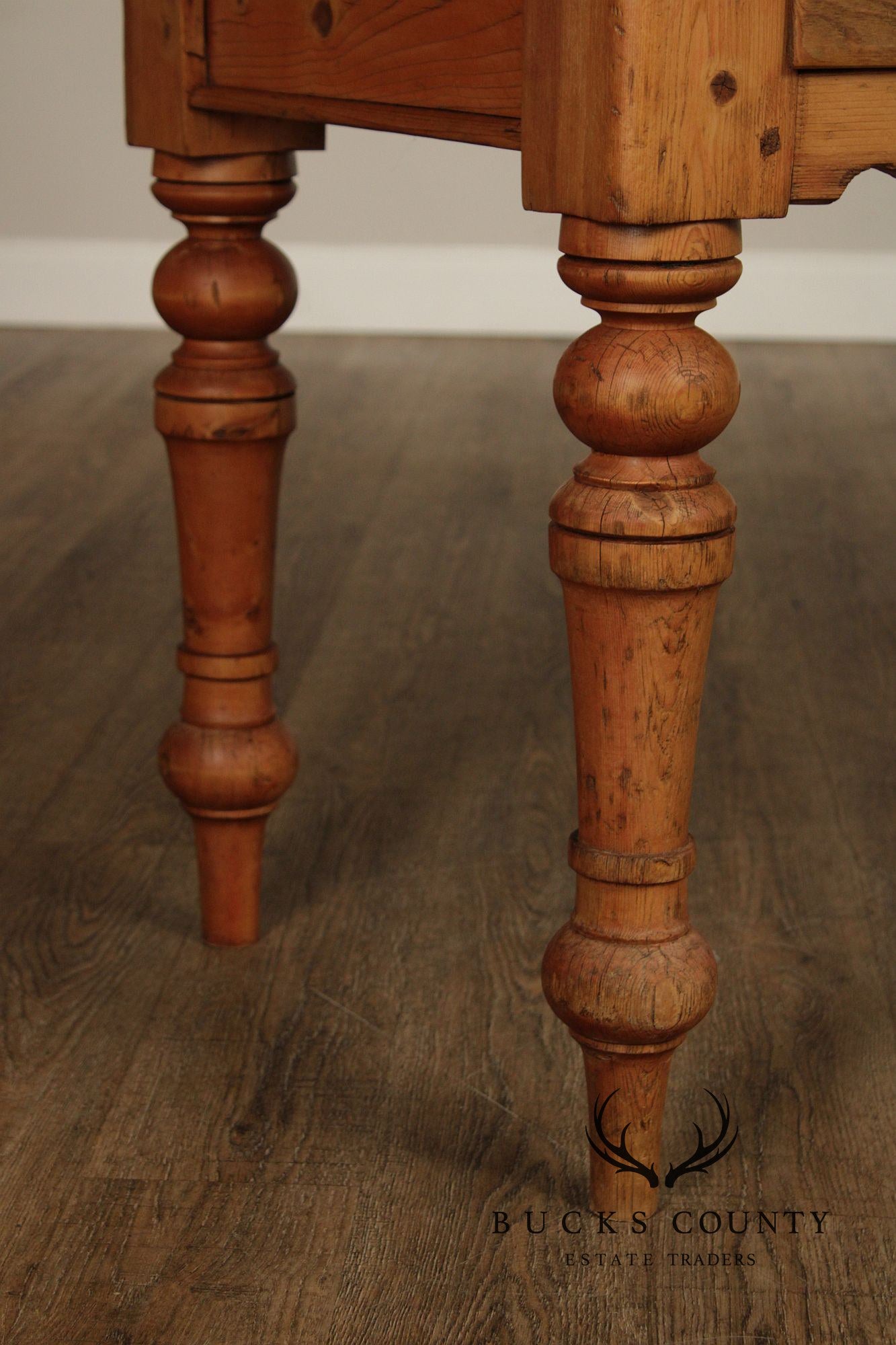 Antique Rustic Pine Farmhouse Table With Turned Legs