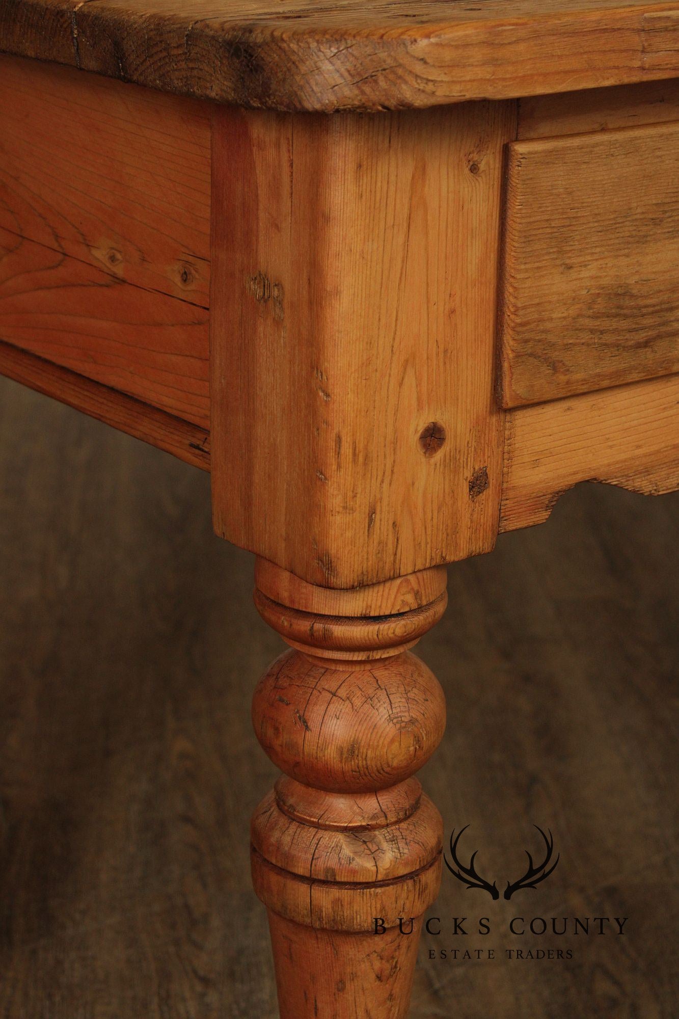 Antique Rustic Pine Farmhouse Table With Turned Legs