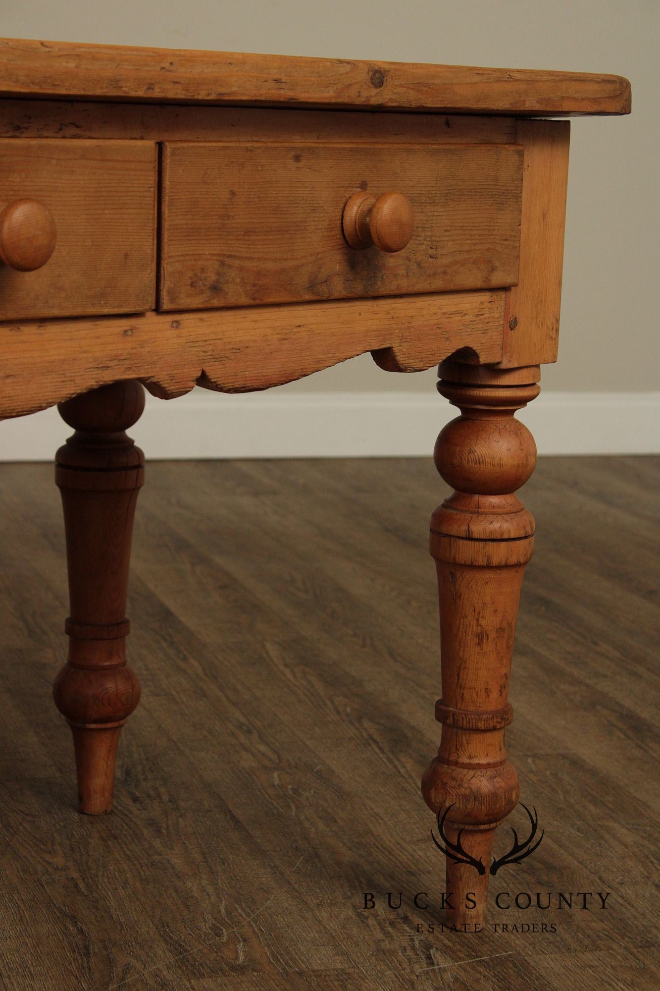 Antique Rustic Pine Farmhouse Table With Turned Legs