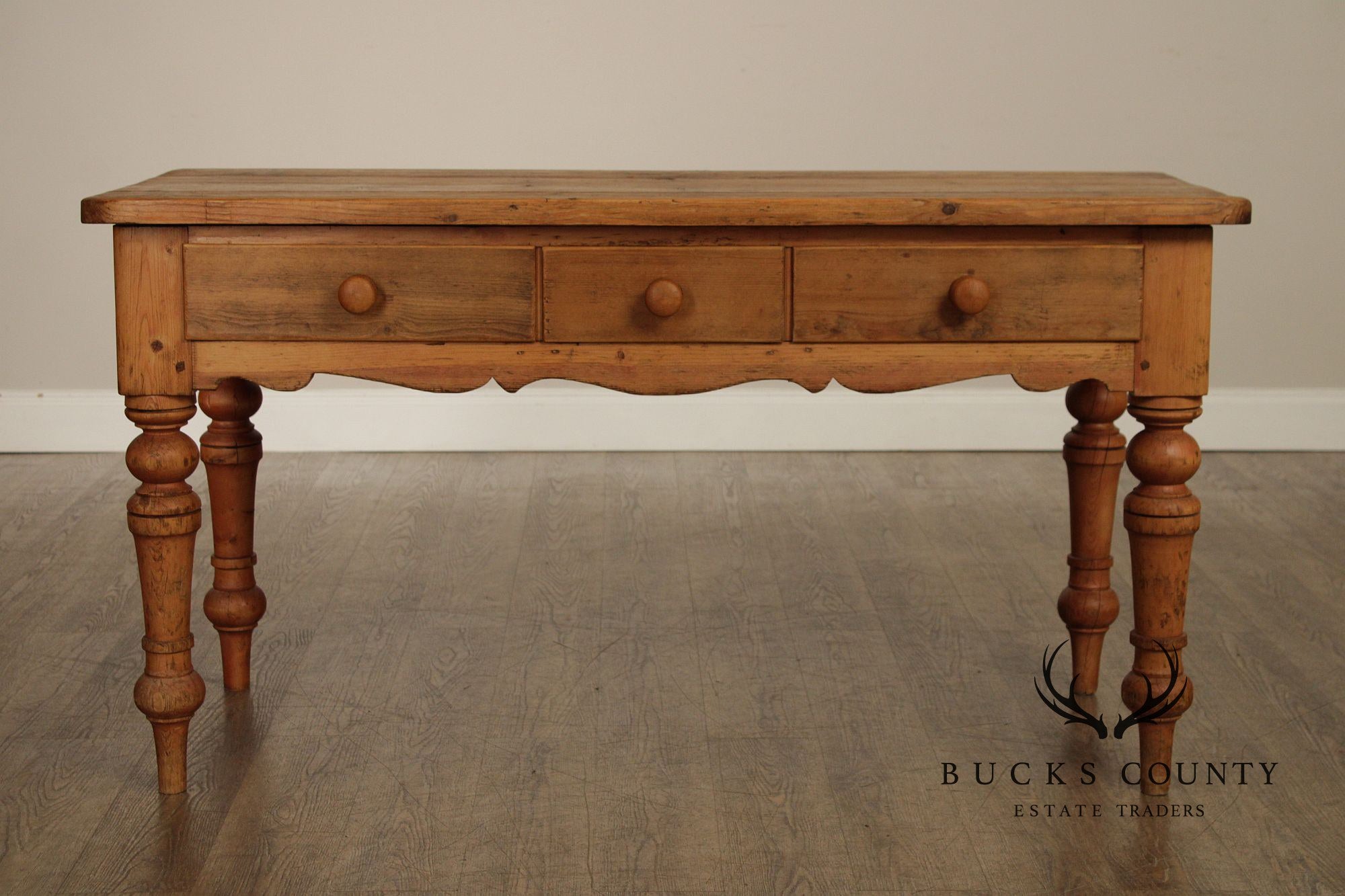 Antique Rustic Pine Farmhouse Table With Turned Legs