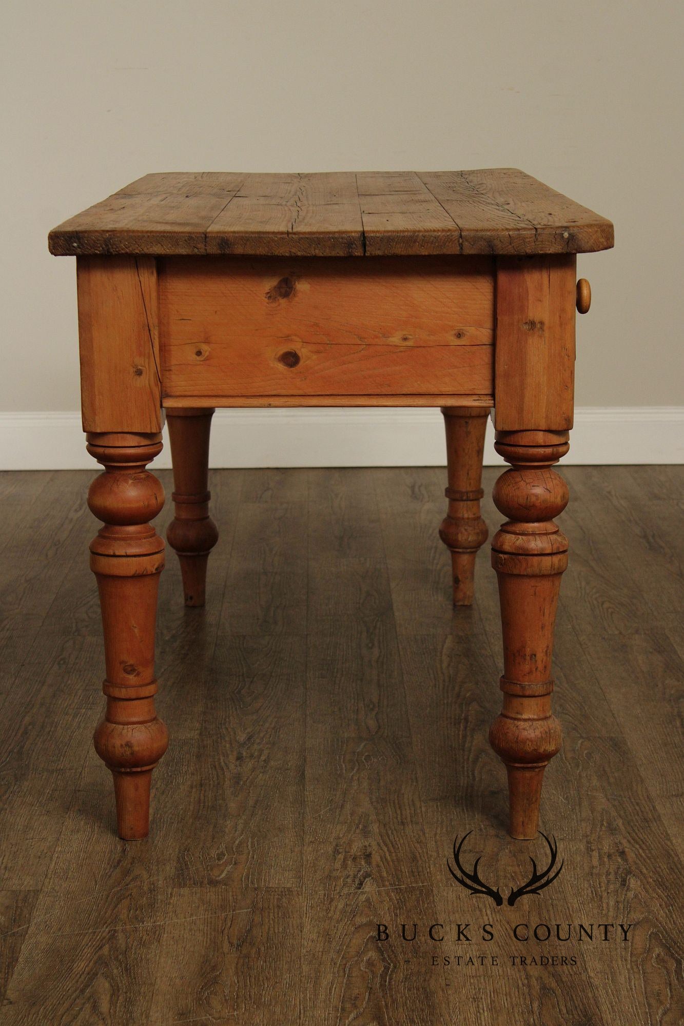 Antique Rustic Pine Farmhouse Table With Turned Legs