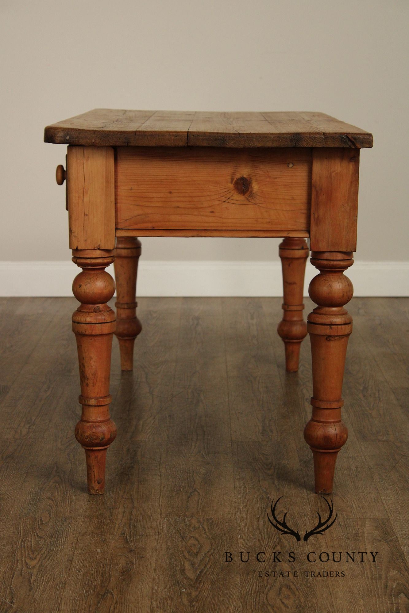 Antique Rustic Pine Farmhouse Table With Turned Legs