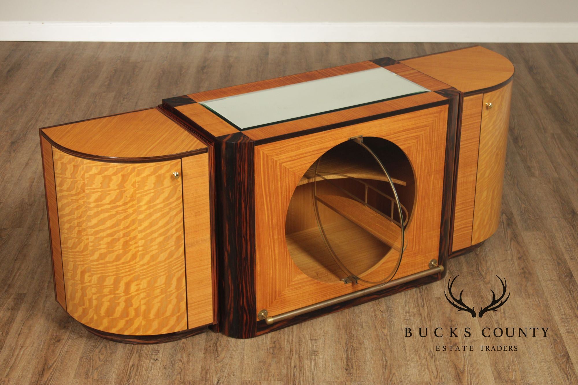 Van Etten Art Deco Style Exotic Wood Inlaid Illuminated Bar Cabinet