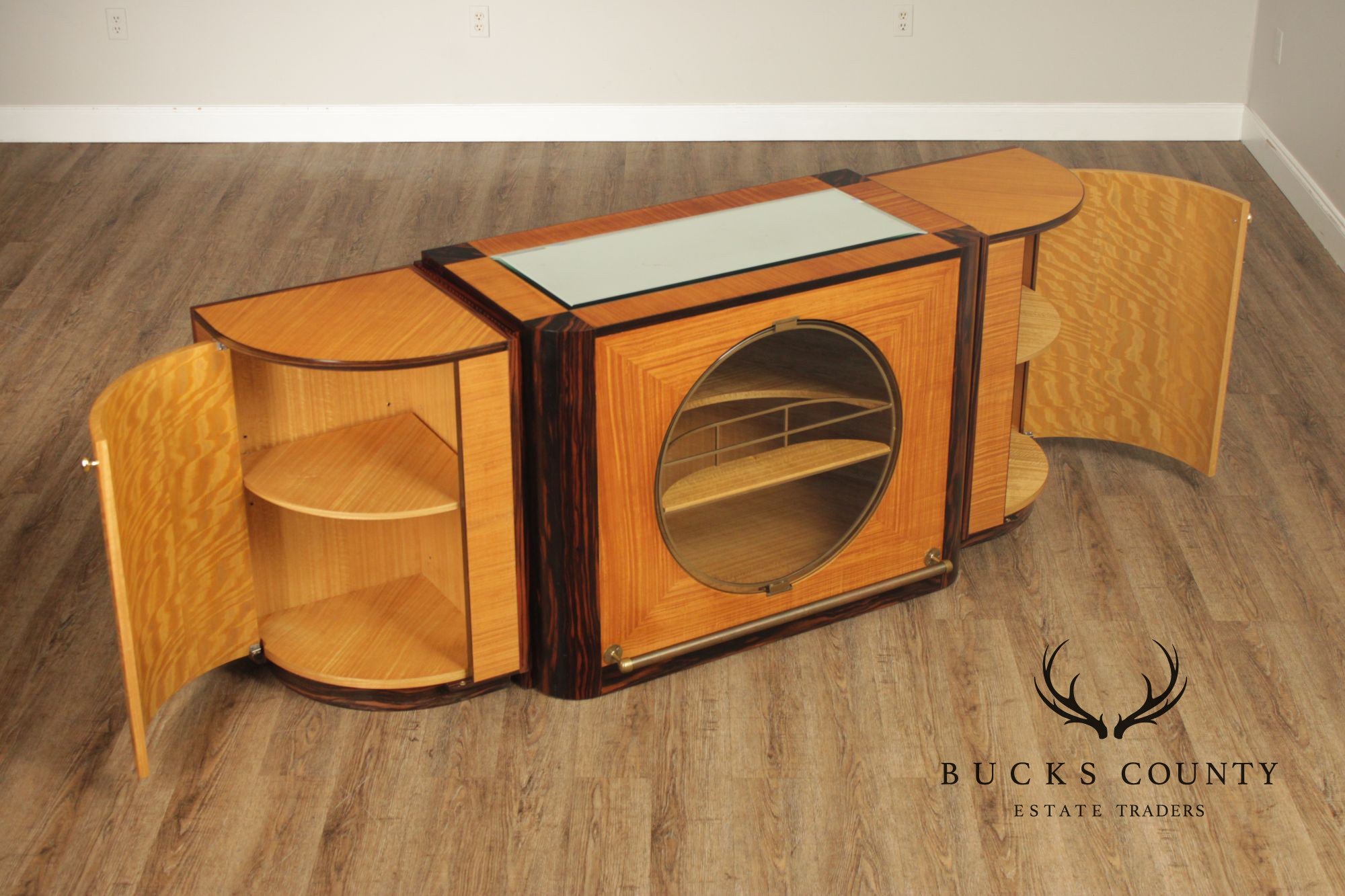 Van Etten Art Deco Style Exotic Wood Inlaid Illuminated Bar Cabinet