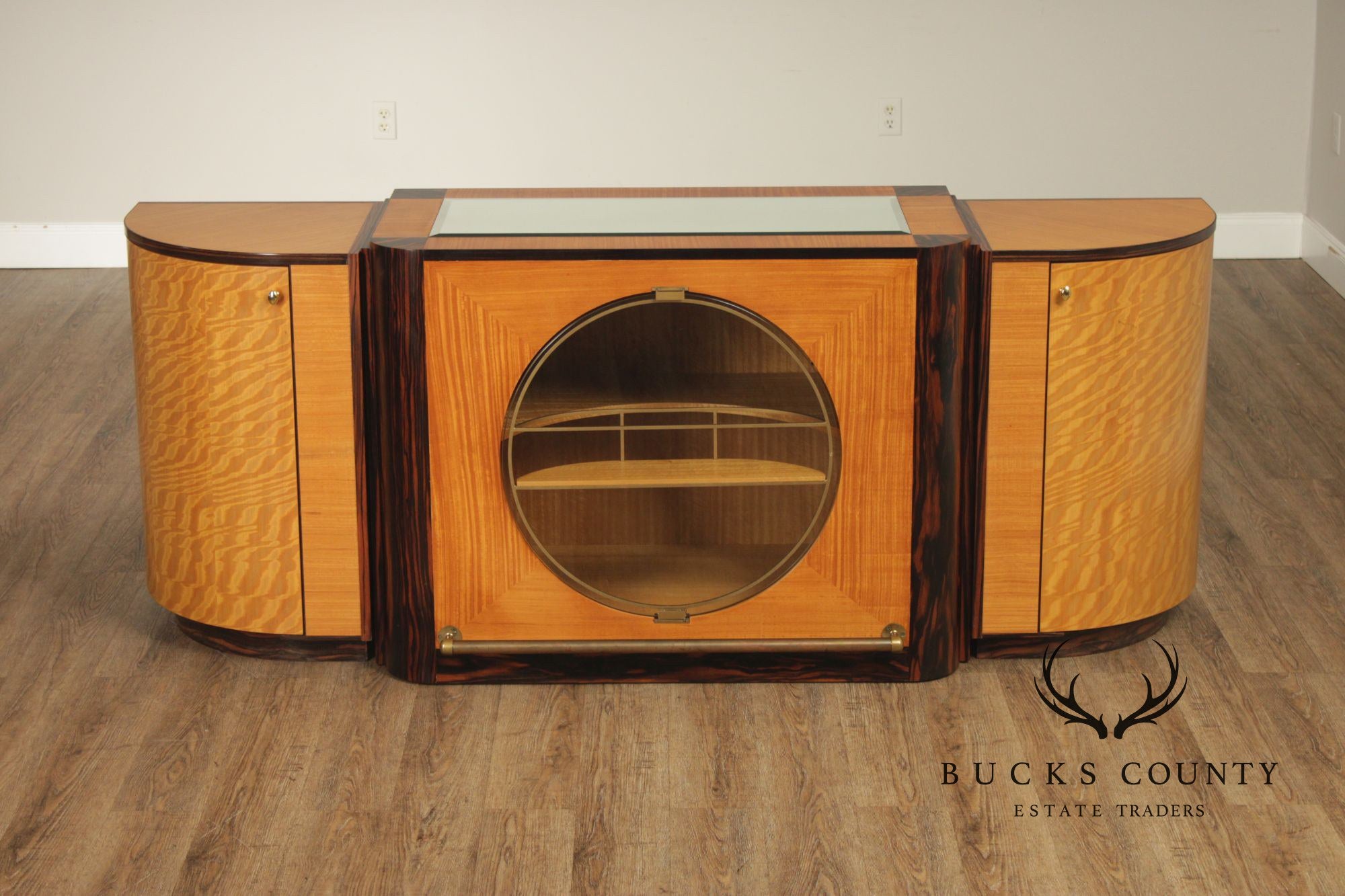 Van Etten Art Deco Style Exotic Wood Inlaid Illuminated Bar Cabinet
