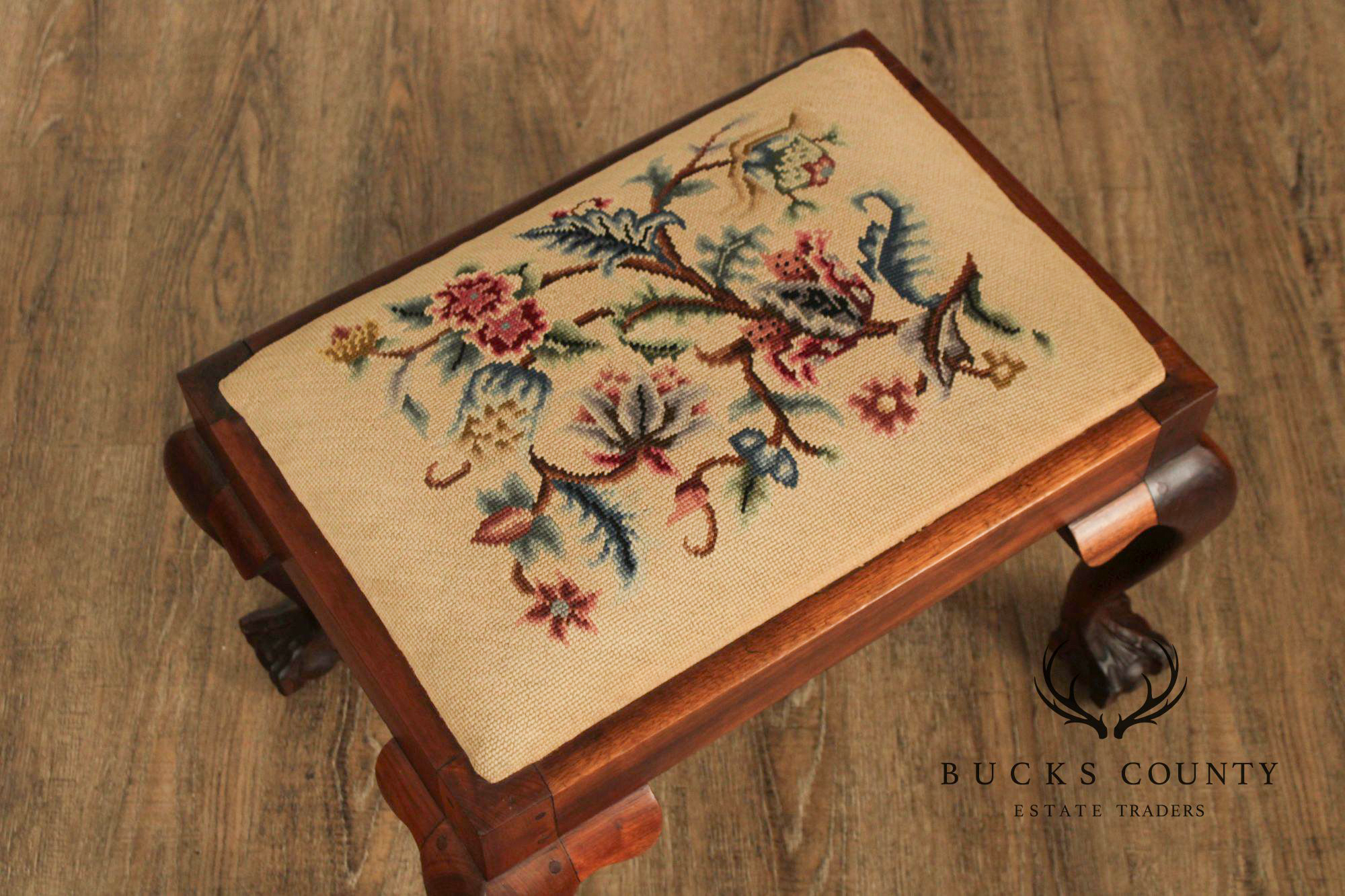 Chippendale Style Carved Mahogany Needlepoint Footstool