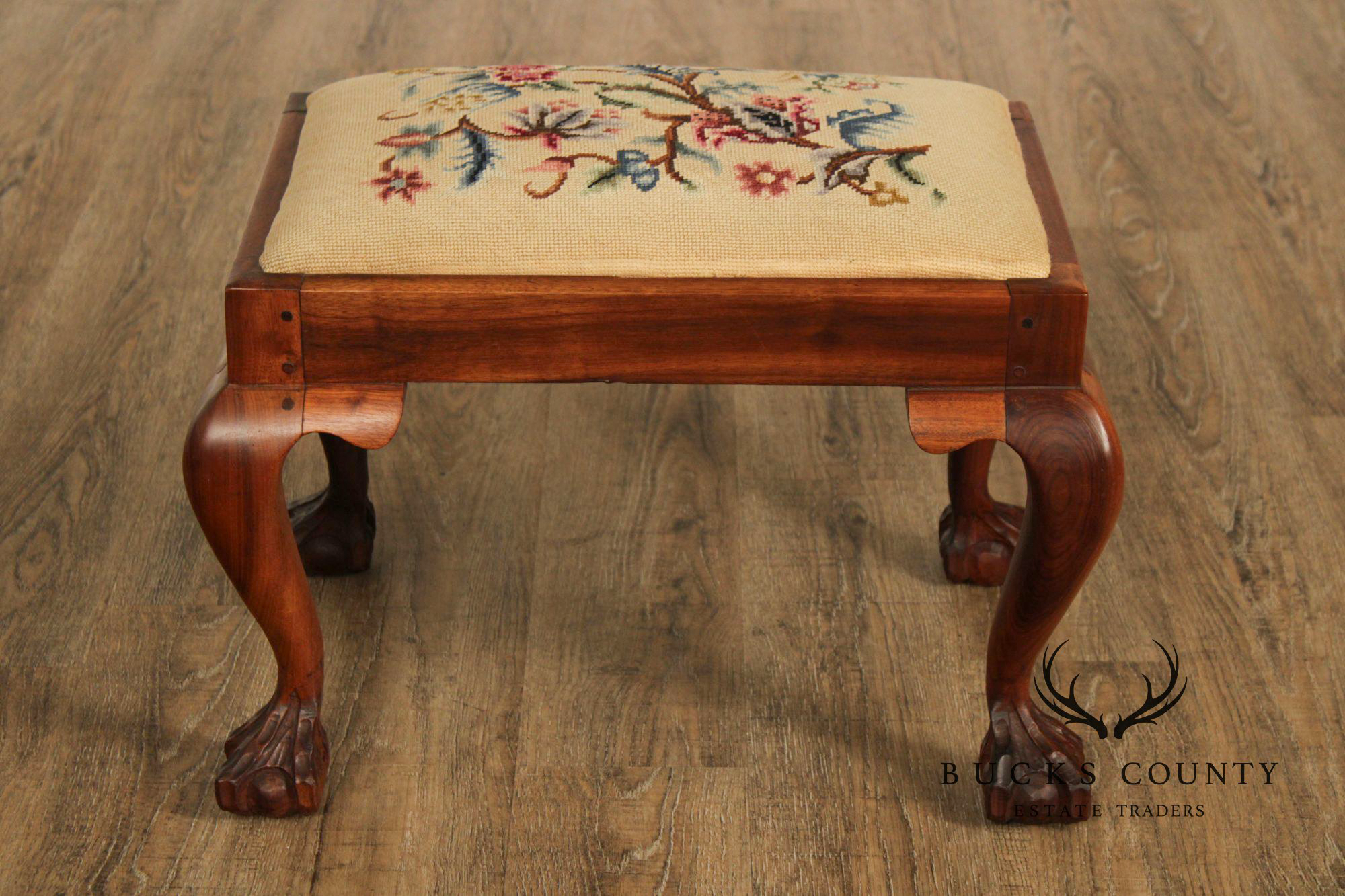 Chippendale Style Carved Mahogany Needlepoint Footstool