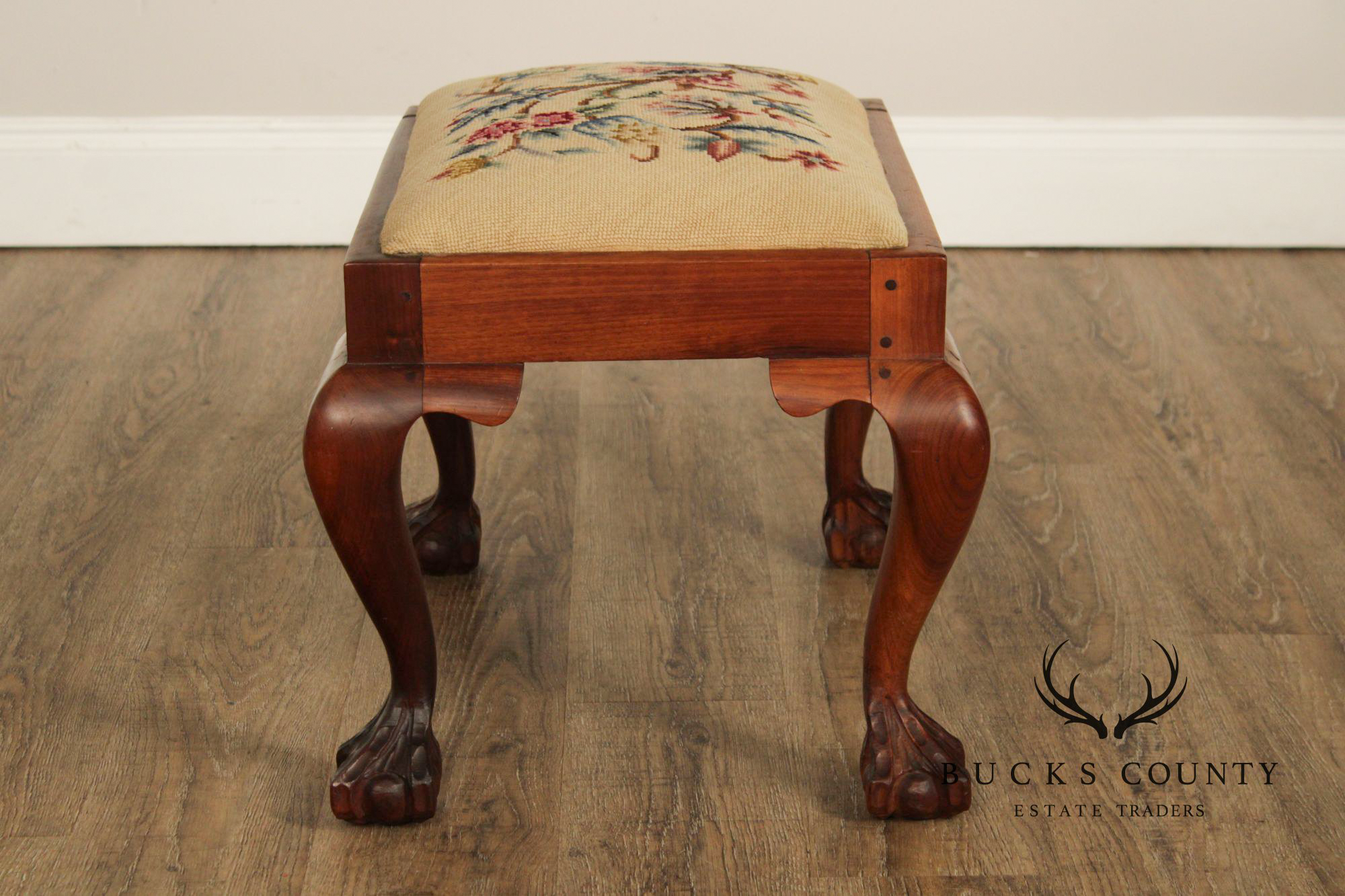 Chippendale Style Carved Mahogany Needlepoint Footstool