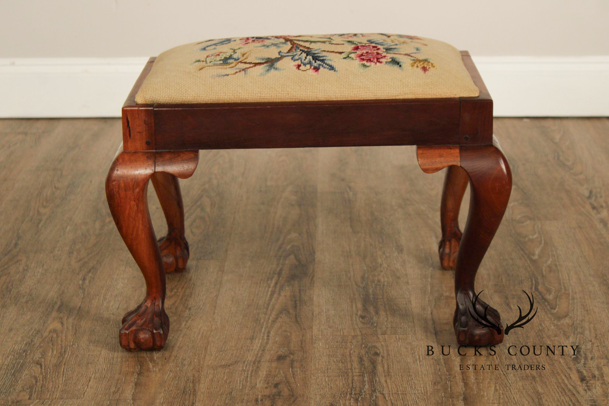 Chippendale Style Carved Mahogany Needlepoint Footstool