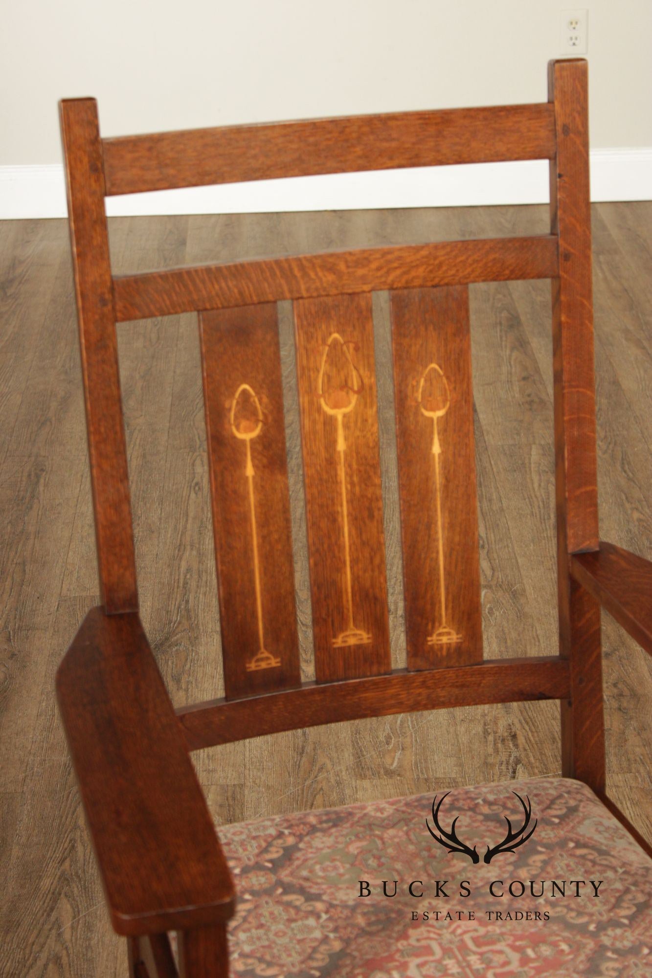 Stickley Mission Collection Pair of Harvey Ellis Inlaid Oak Dining Armchairs