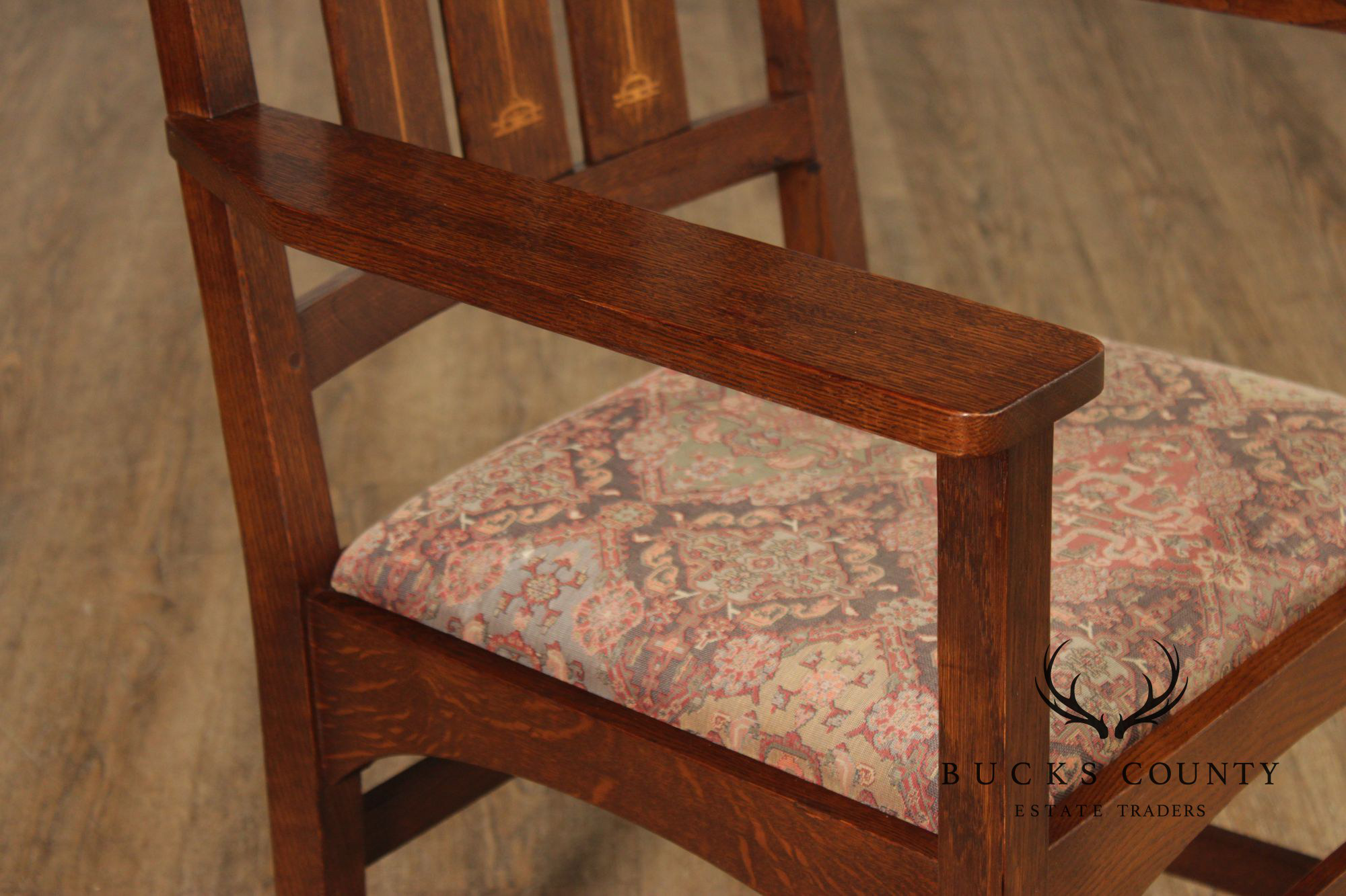 Stickley Mission Collection Pair of Harvey Ellis Inlaid Oak Dining Armchairs