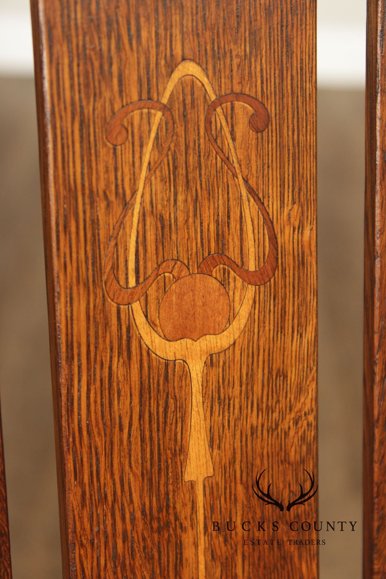 Stickley Mission Collection Pair of Harvey Ellis Inlaid Oak Dining Armchairs