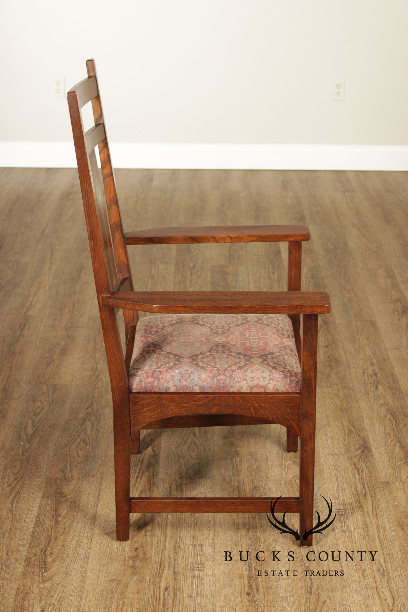 Stickley Mission Collection Pair of Harvey Ellis Inlaid Oak Dining Armchairs