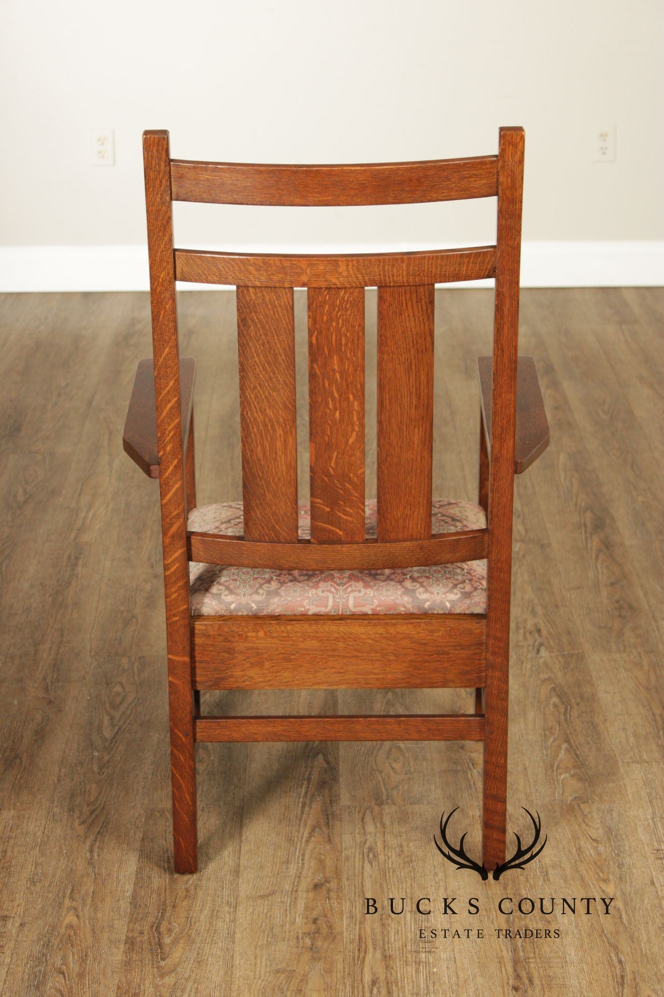 Stickley Mission Collection Pair of Harvey Ellis Inlaid Oak Dining Armchairs