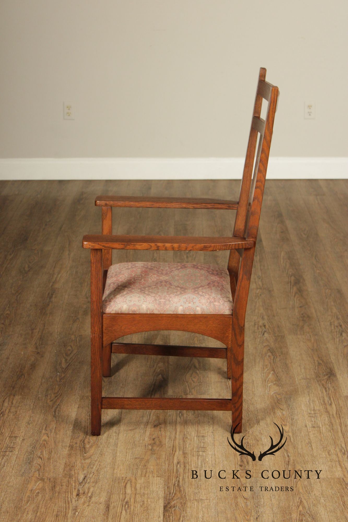 Stickley Mission Collection Pair of Harvey Ellis Inlaid Oak Dining Armchairs