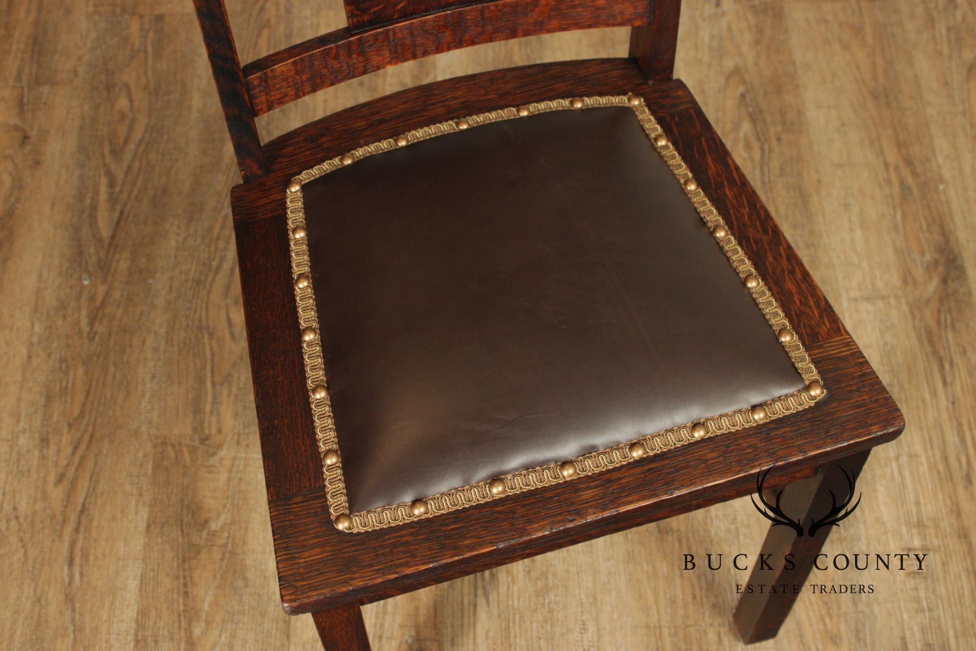 Antique Arts & Crafts Set Of Six Mission Style Oak Dining Chairs With Leather Seats