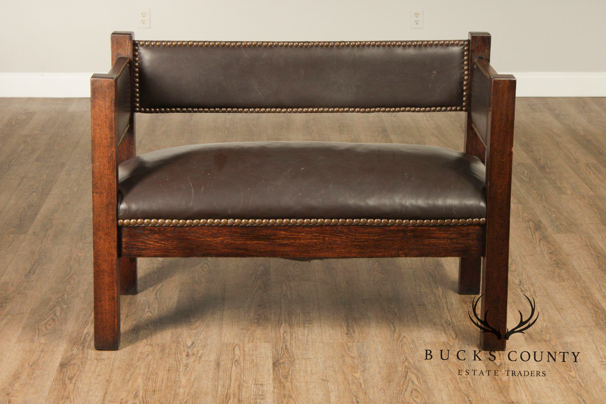 Antique Mission Arts And Crafts Oak Even Arm Settle Bench