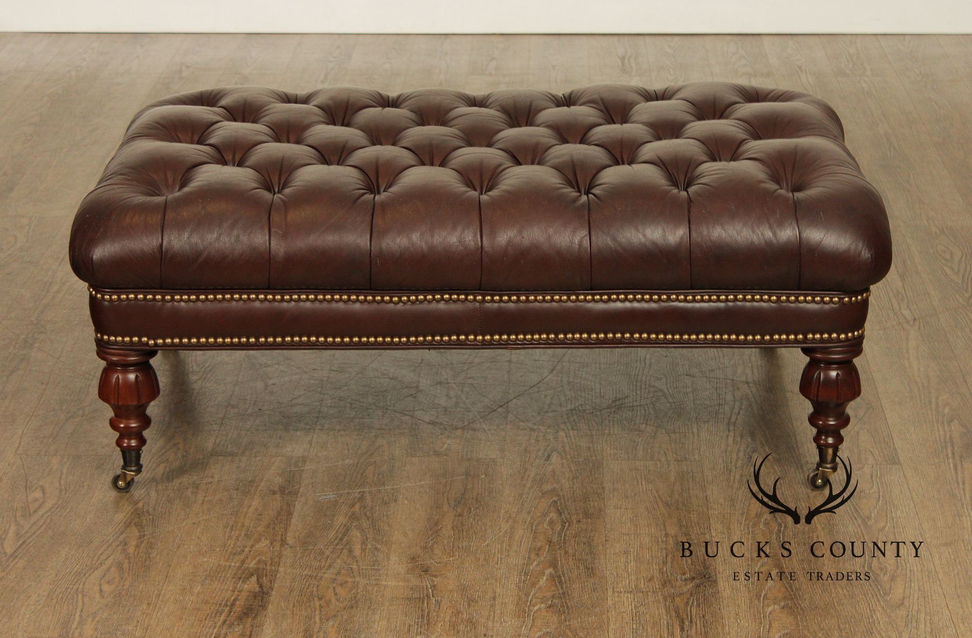 English Regency Style Tufted Leather Cocktail Ottoman On Turned Legs