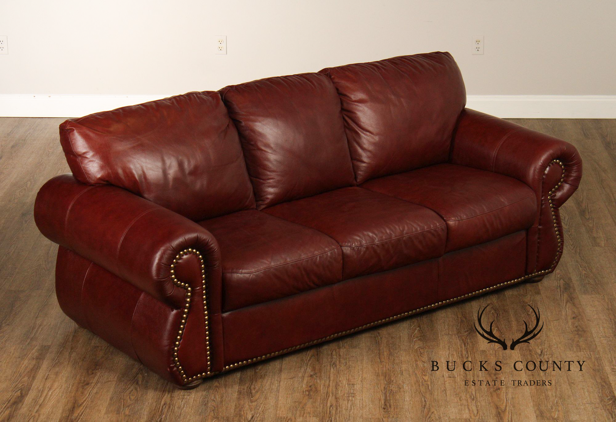 Traditional Leather Rolled Arm Nailhead Trim Sofa
