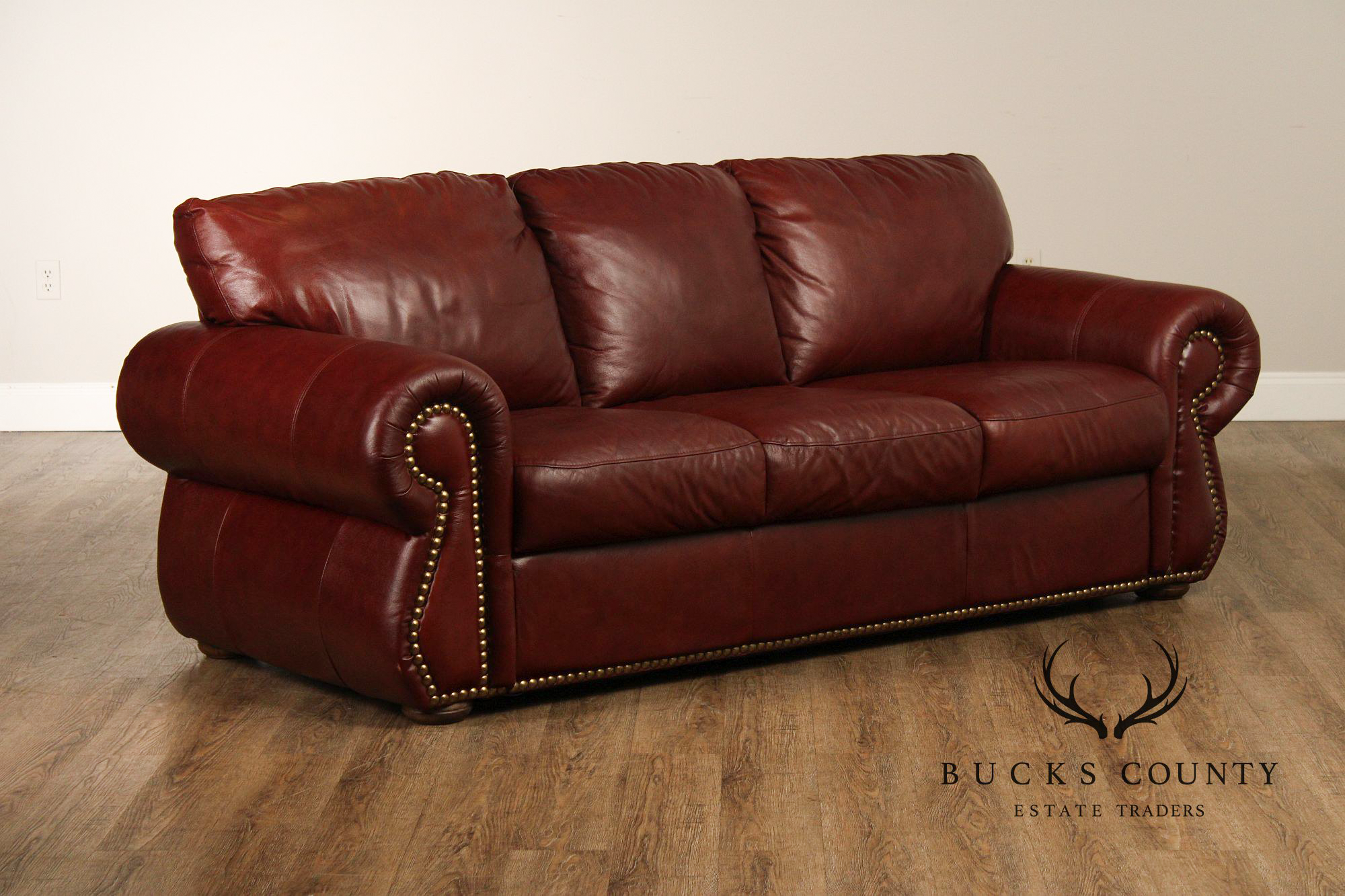 Traditional Leather Rolled Arm Nailhead Trim Sofa