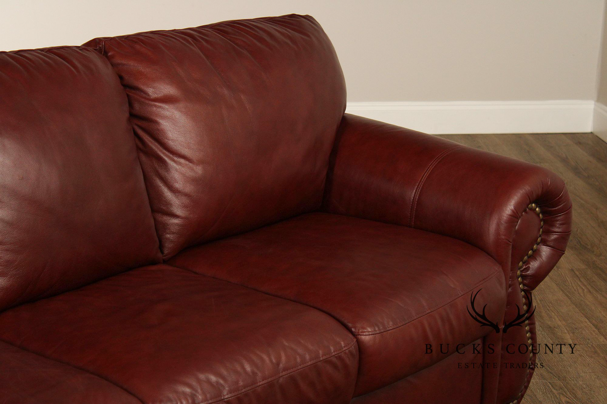 Traditional Leather Rolled Arm Nailhead Trim Sofa