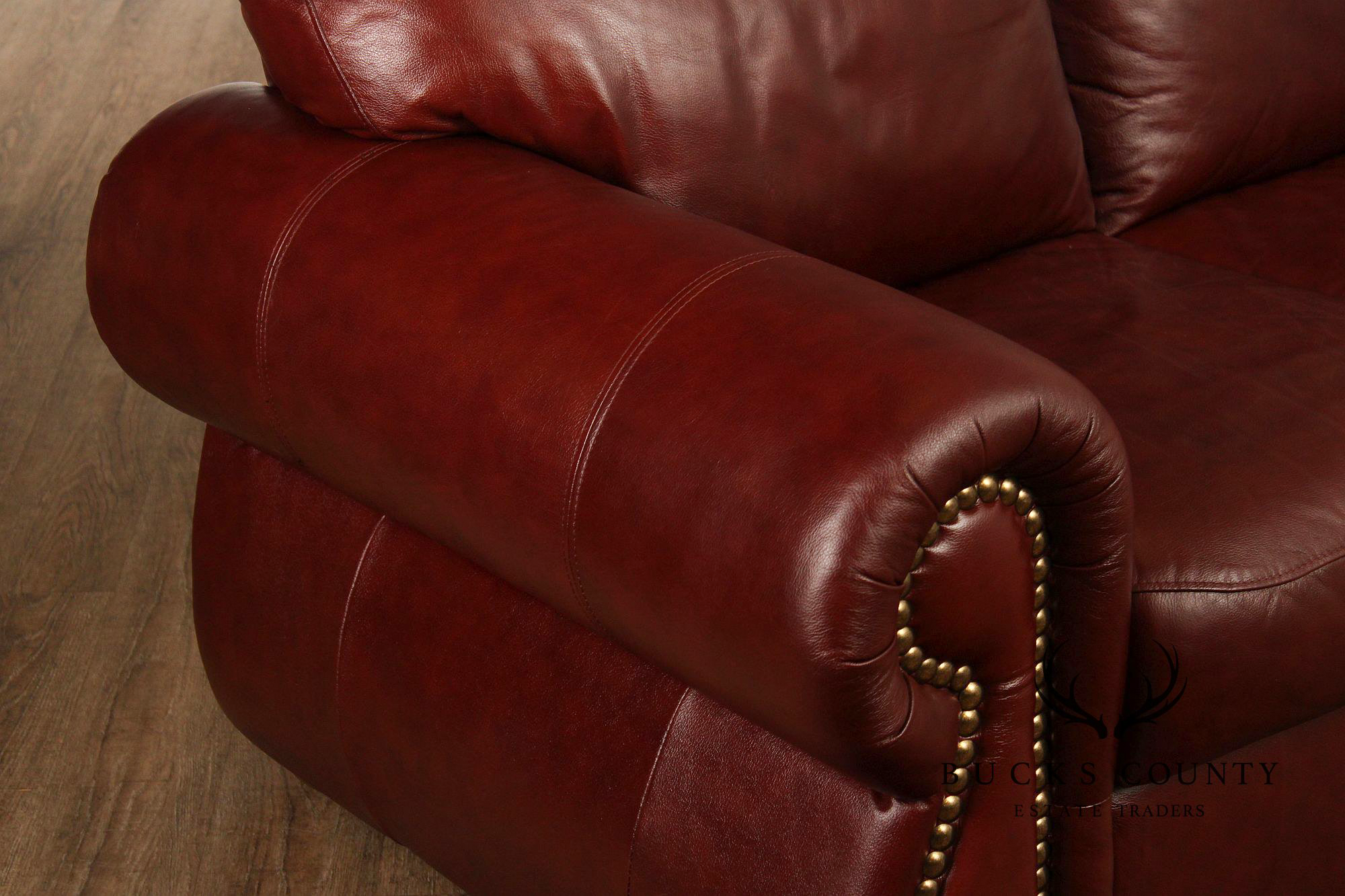 Traditional Leather Rolled Arm Nailhead Trim Sofa