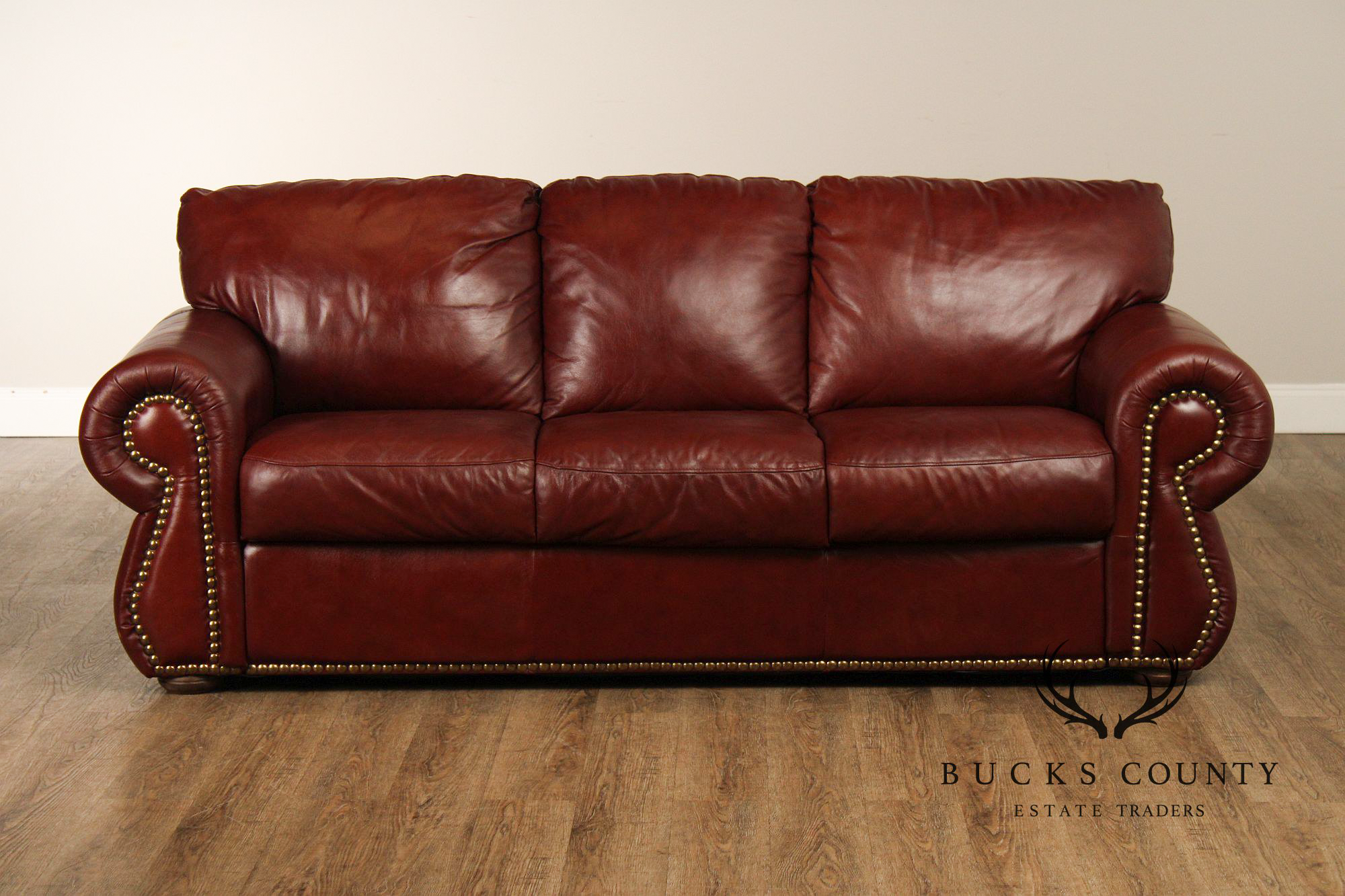 Traditional Leather Rolled Arm Nailhead Trim Sofa