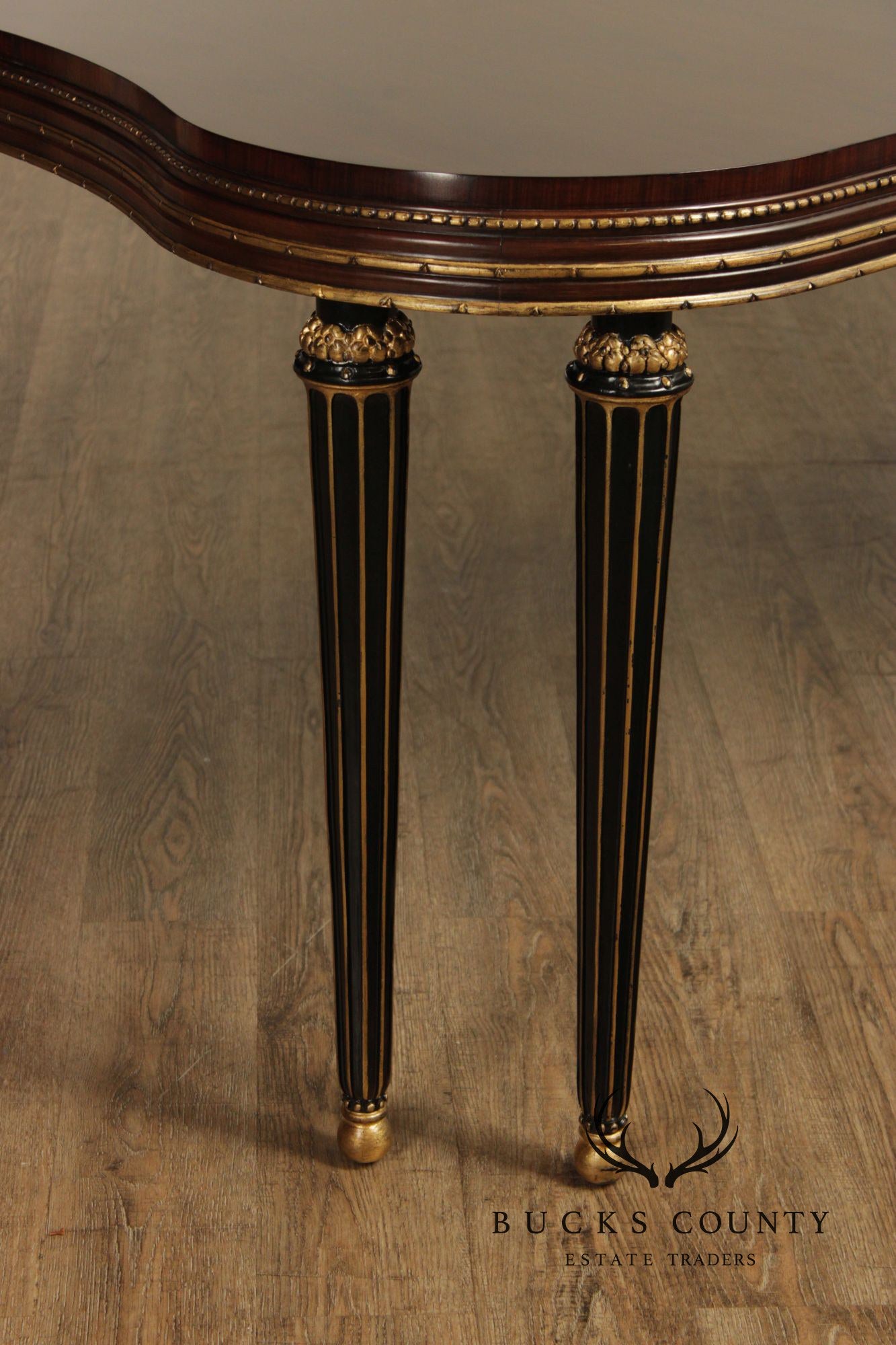 EJ Victor Mahogany And Gilt Dining Table With One Leaf