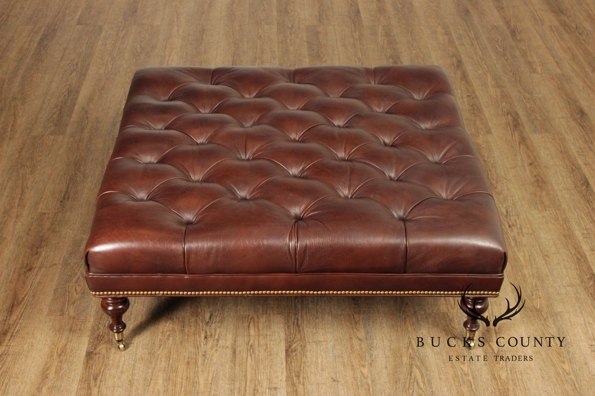 Hancock & Moore Square Tufted Leather Ottoman Coffee Table With Nailhead Trim