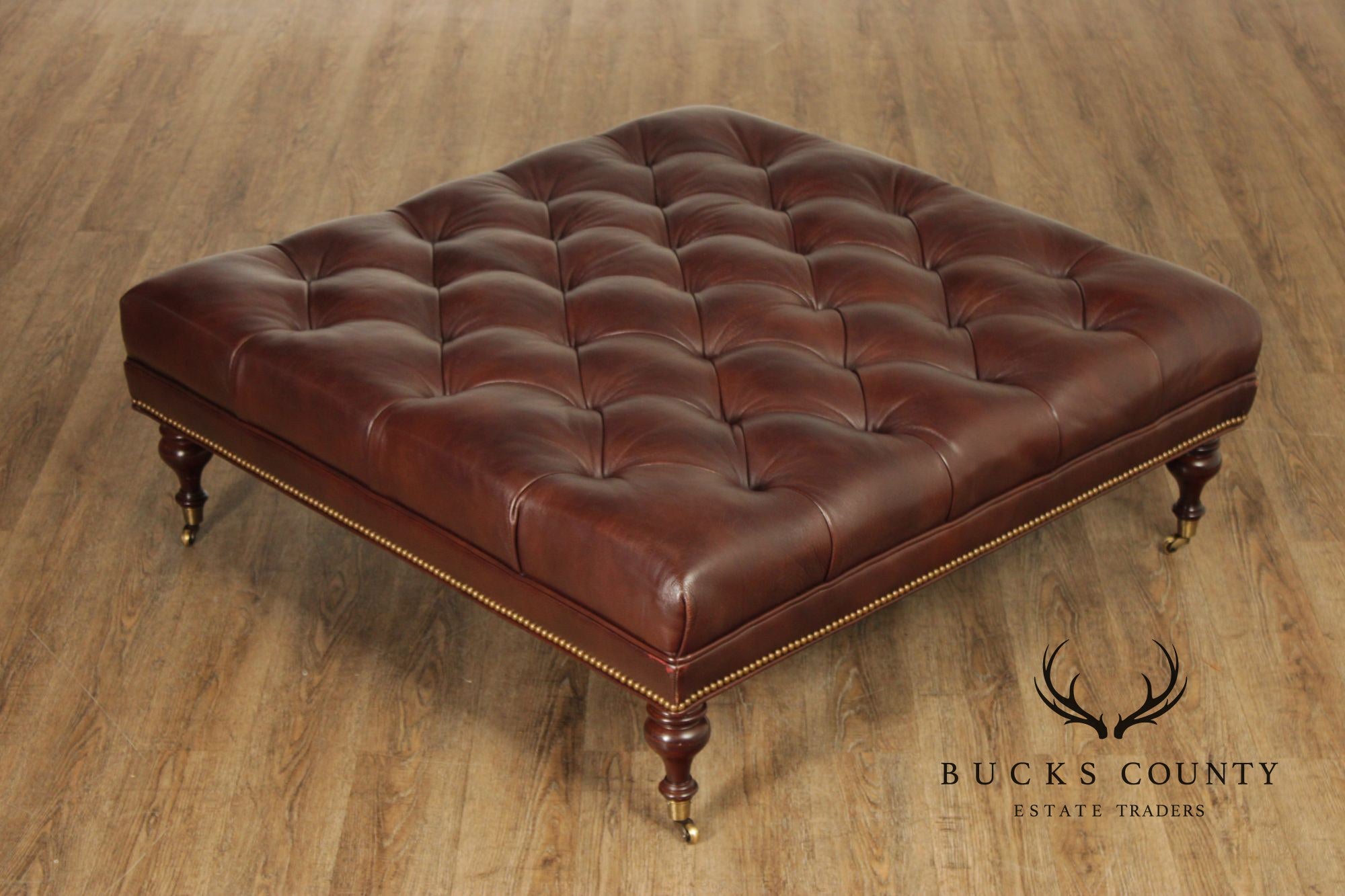 Hancock & Moore Square Tufted Leather Ottoman Coffee Table With Nailhead Trim