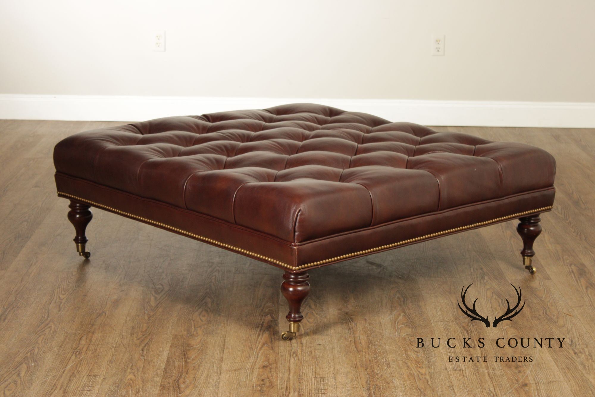 Hancock & Moore Square Tufted Leather Ottoman Coffee Table With Nailhead Trim