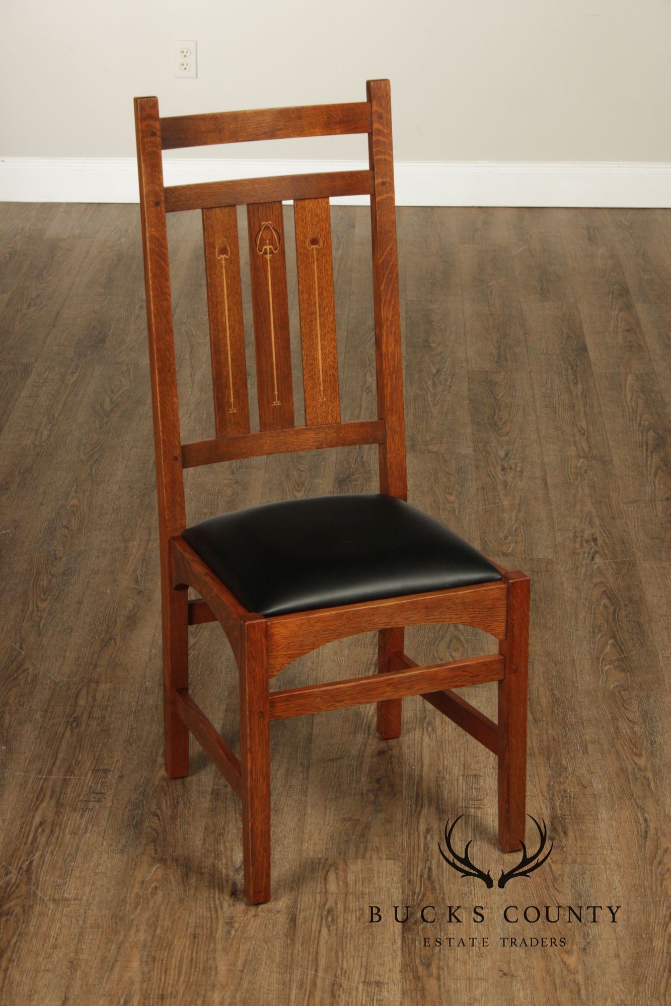 Stickley Mission Collection Set of Six Harvey Ellis Inlaid Oak Dining Chairs