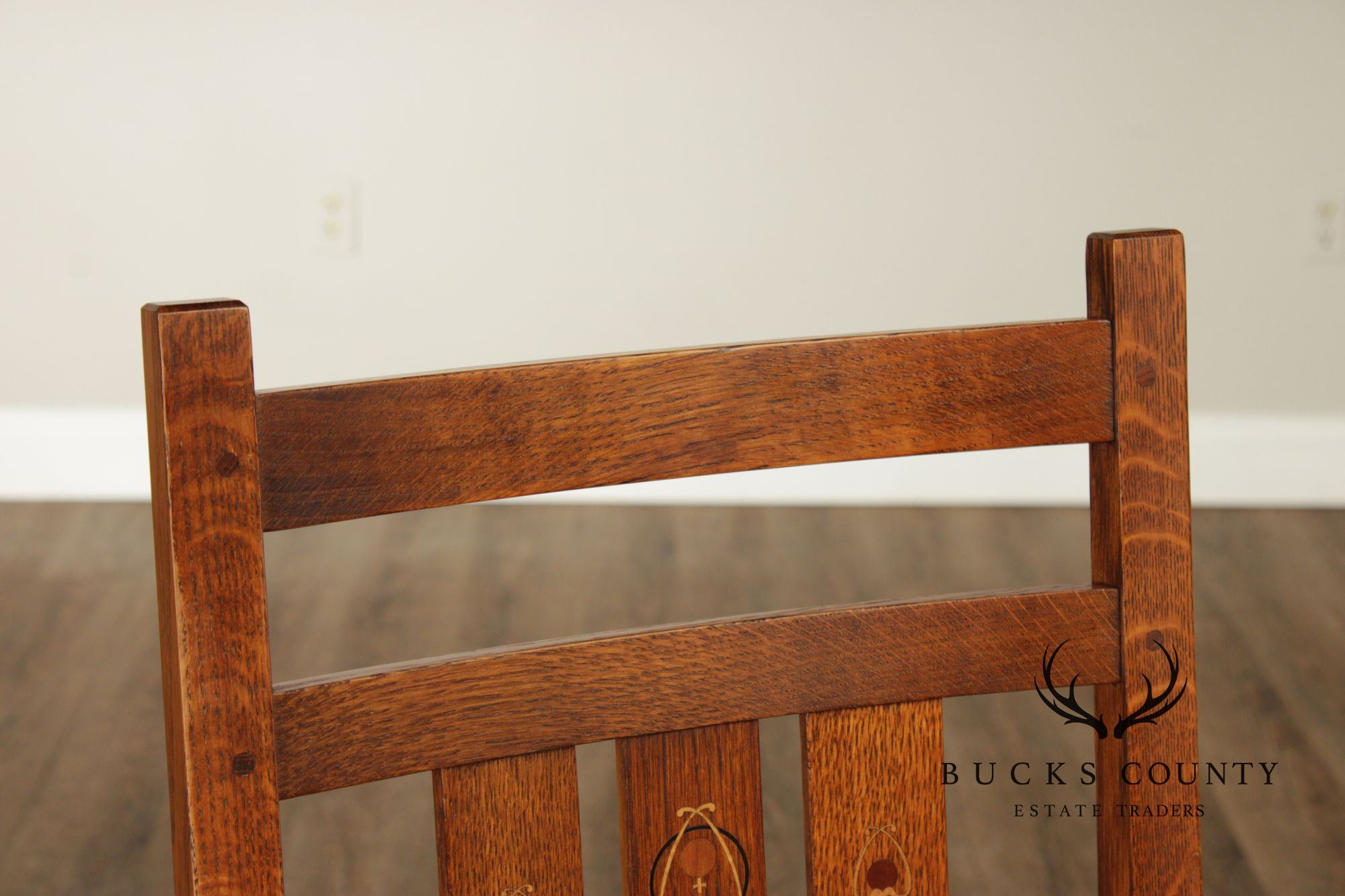Stickley Mission Collection Set of Six Harvey Ellis Inlaid Oak Dining Chairs