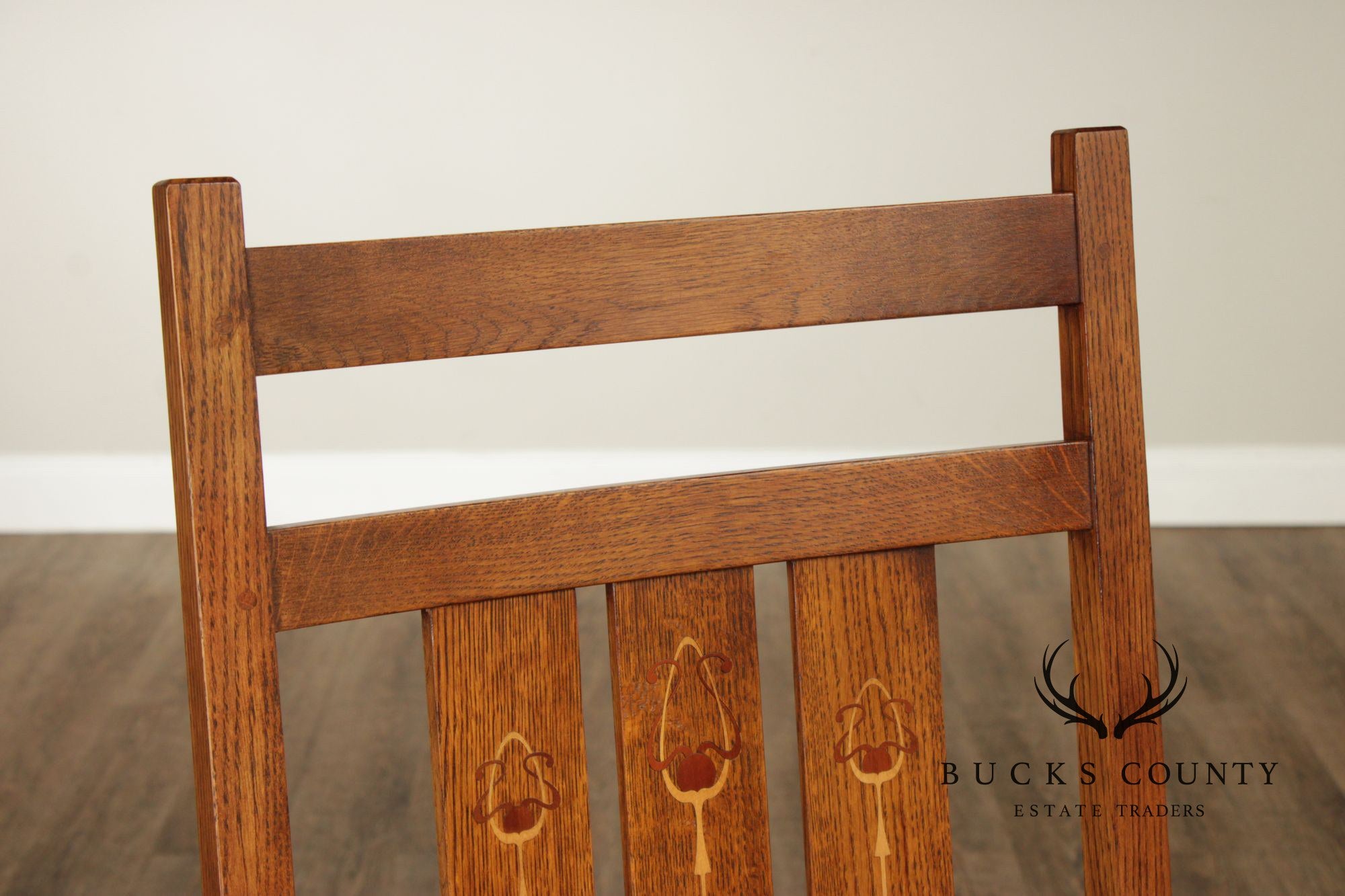 Stickley Mission Collection Set of Six Harvey Ellis Inlaid Oak Dining Chairs