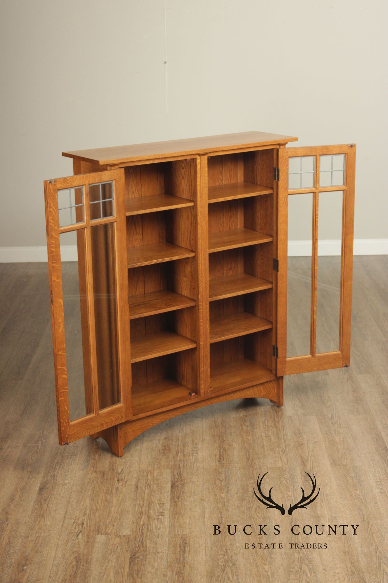 Stickley Mission Collection Oak Two Door Leaded Glass Bookcase or Display Cabinet