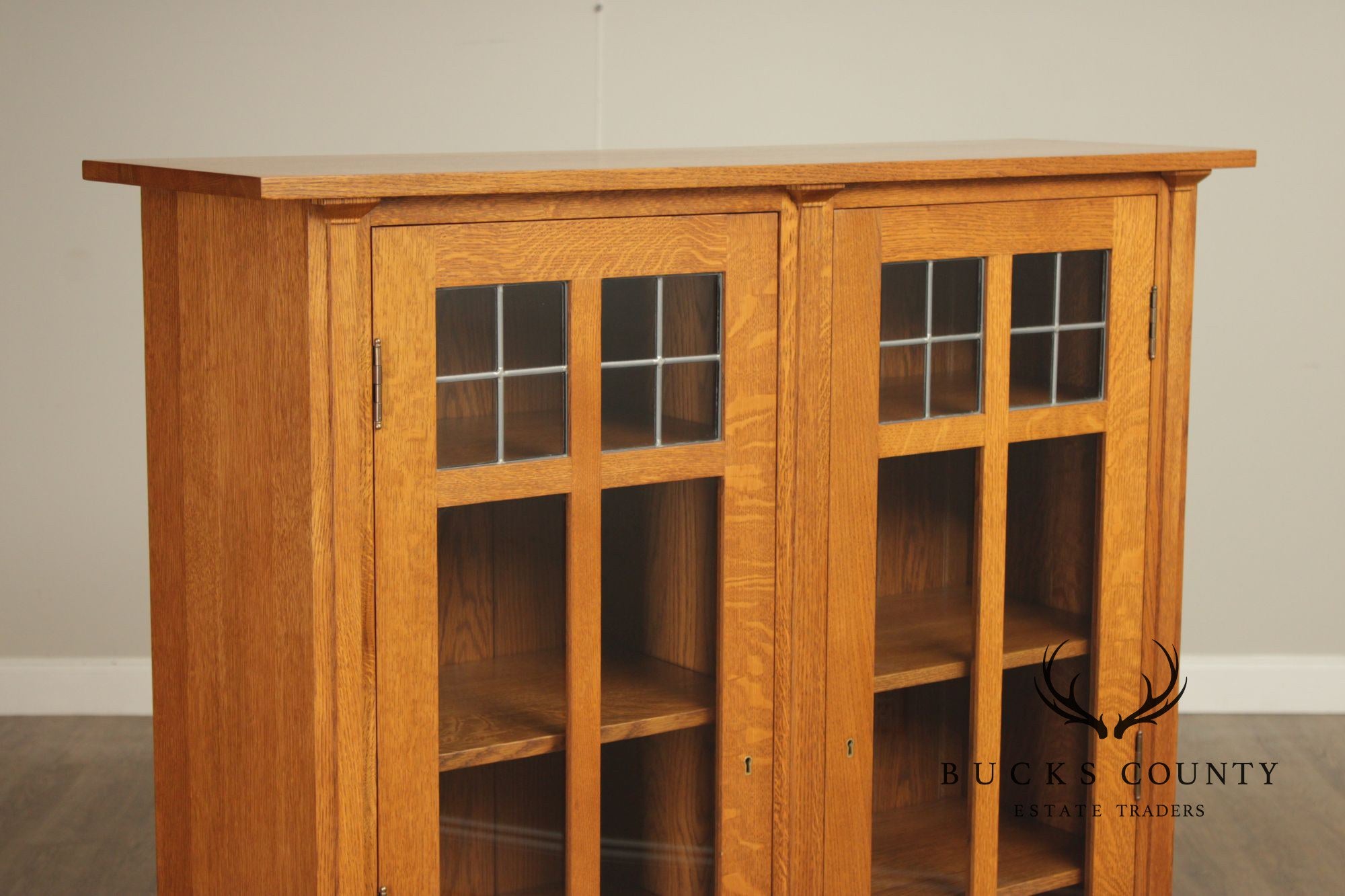 Stickley Mission Collection Oak Two Door Leaded Glass Bookcase or Display Cabinet