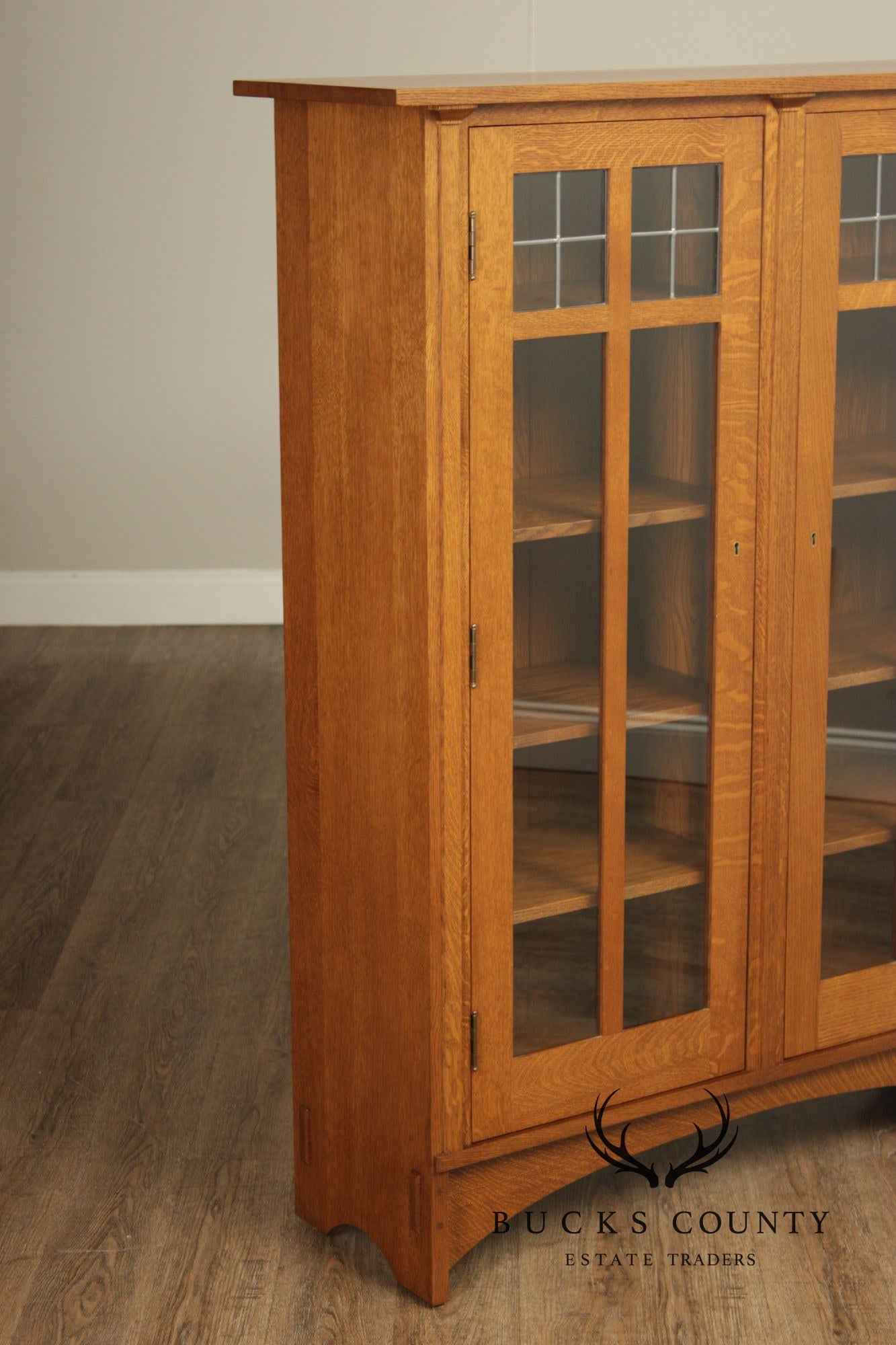 Stickley Mission Collection Oak Two Door Leaded Glass Bookcase or Display Cabinet