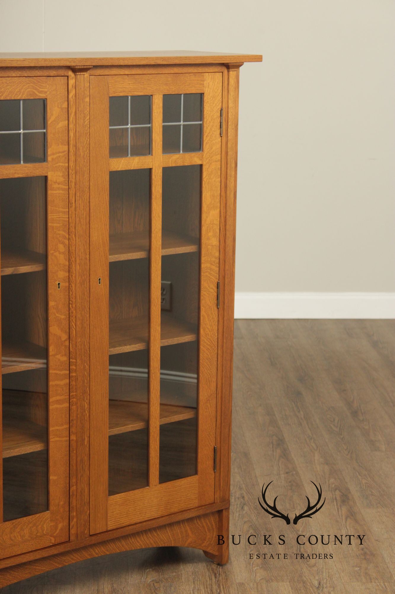Stickley Mission Collection Oak Two Door Leaded Glass Bookcase or Display Cabinet