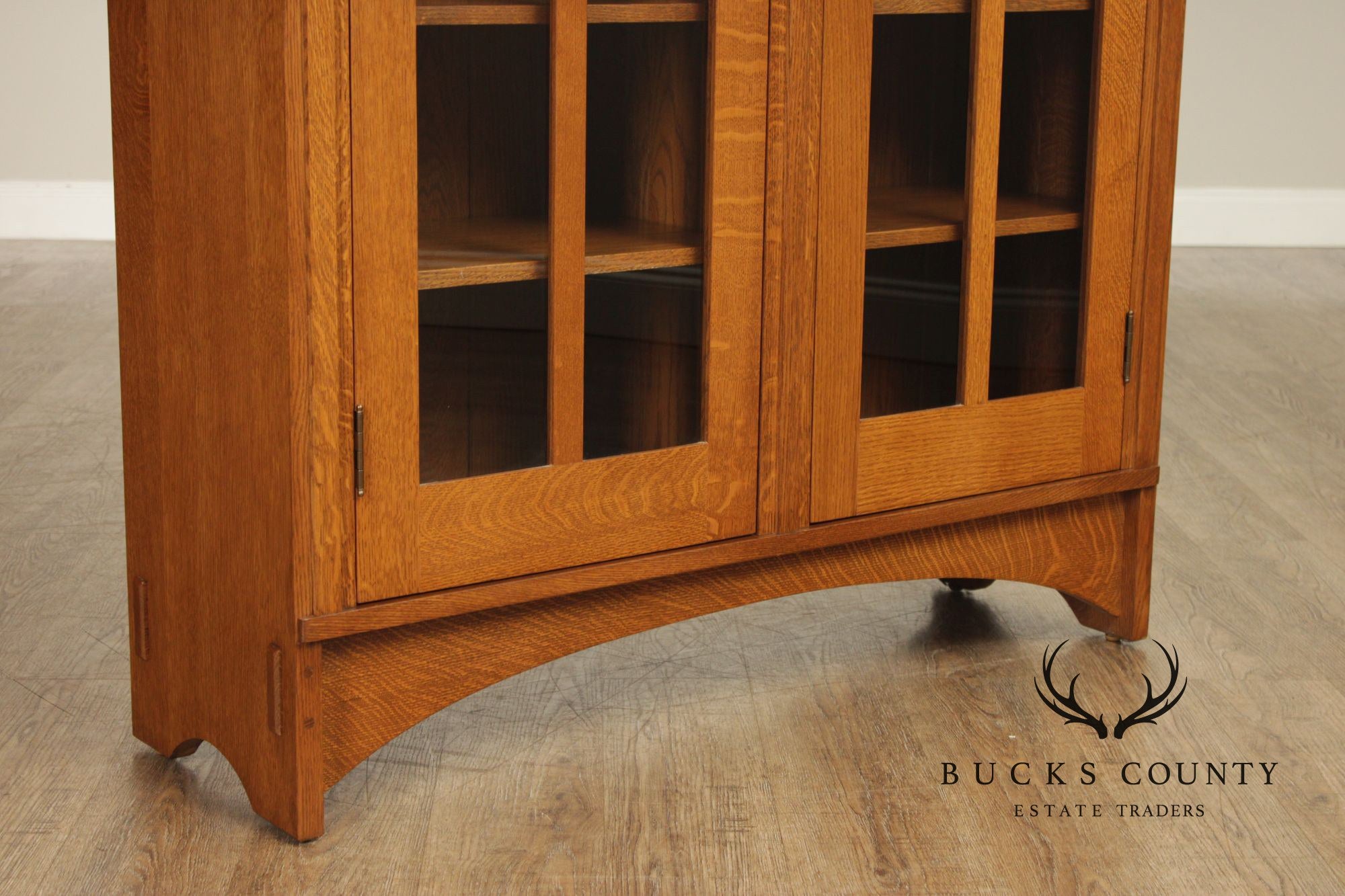 Stickley Mission Collection Oak Two Door Leaded Glass Bookcase or Display Cabinet