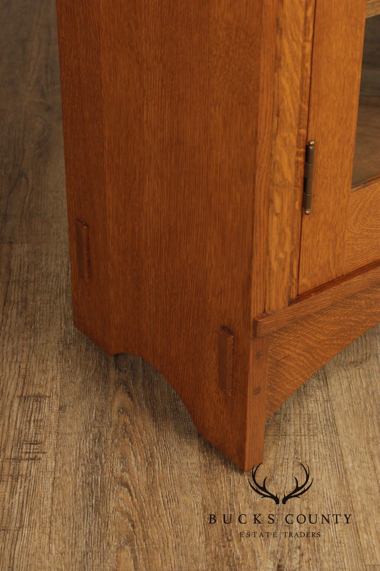 Stickley Mission Collection Oak Two Door Leaded Glass Bookcase or Display Cabinet