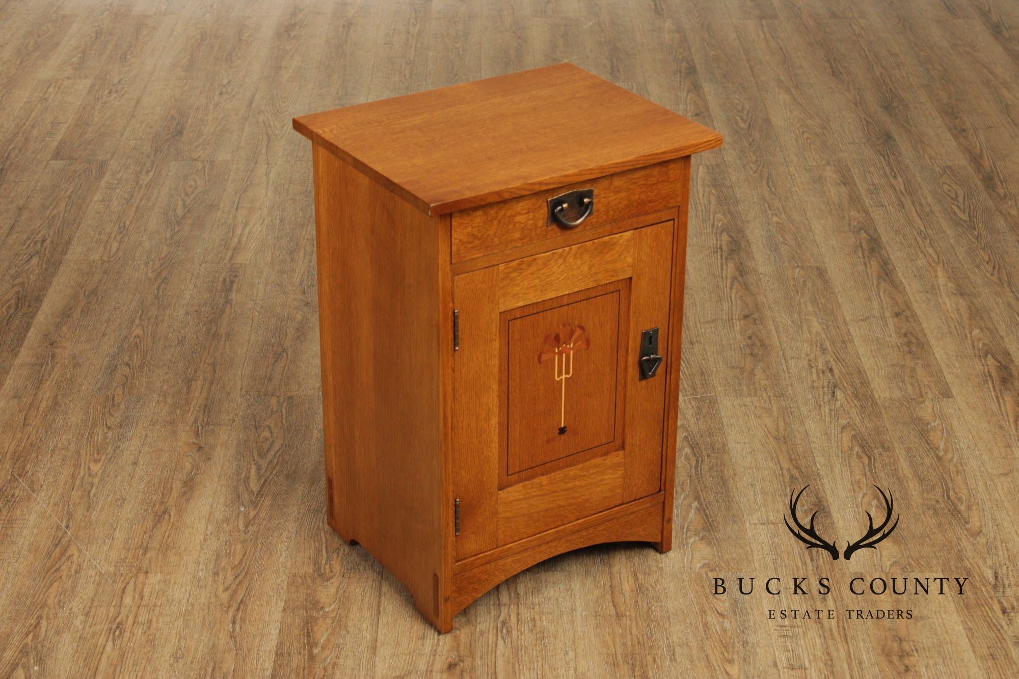 Stickley Mission Collection Pair Inlaid Oak Harvey Ellis Nightstands Bedside Cabinets